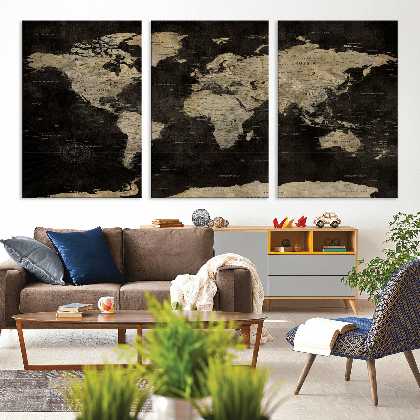 60653880-MGV-CV-36X24 - World Map Wall Art Canvas Print, Modern Decorative Framed Map Artwork Prints for Living Room, Office, Bedroom Wall Decor
