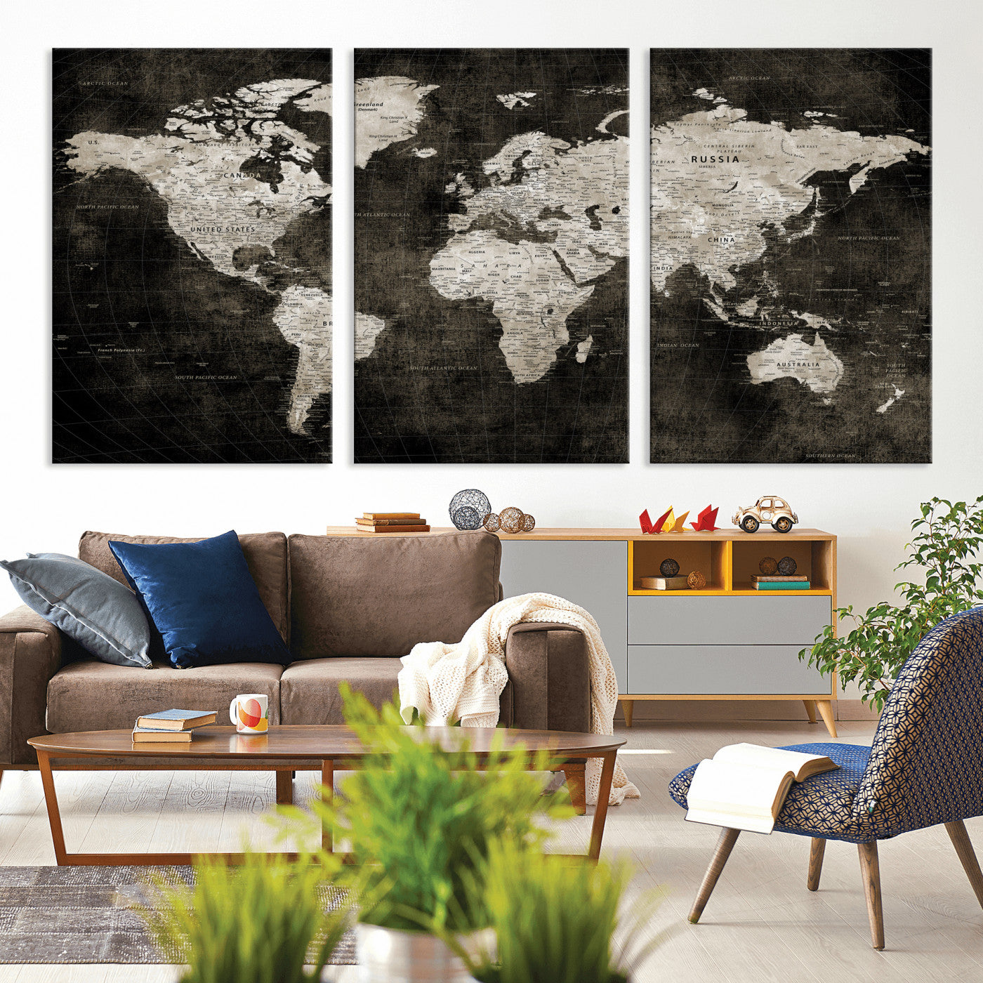 94581666-MGV-CV-36X24 - World Map Wall Art Canvas Print, Modern Decorative Framed Map Artwork Prints for Living Room, Office, Bedroom Wall Decor