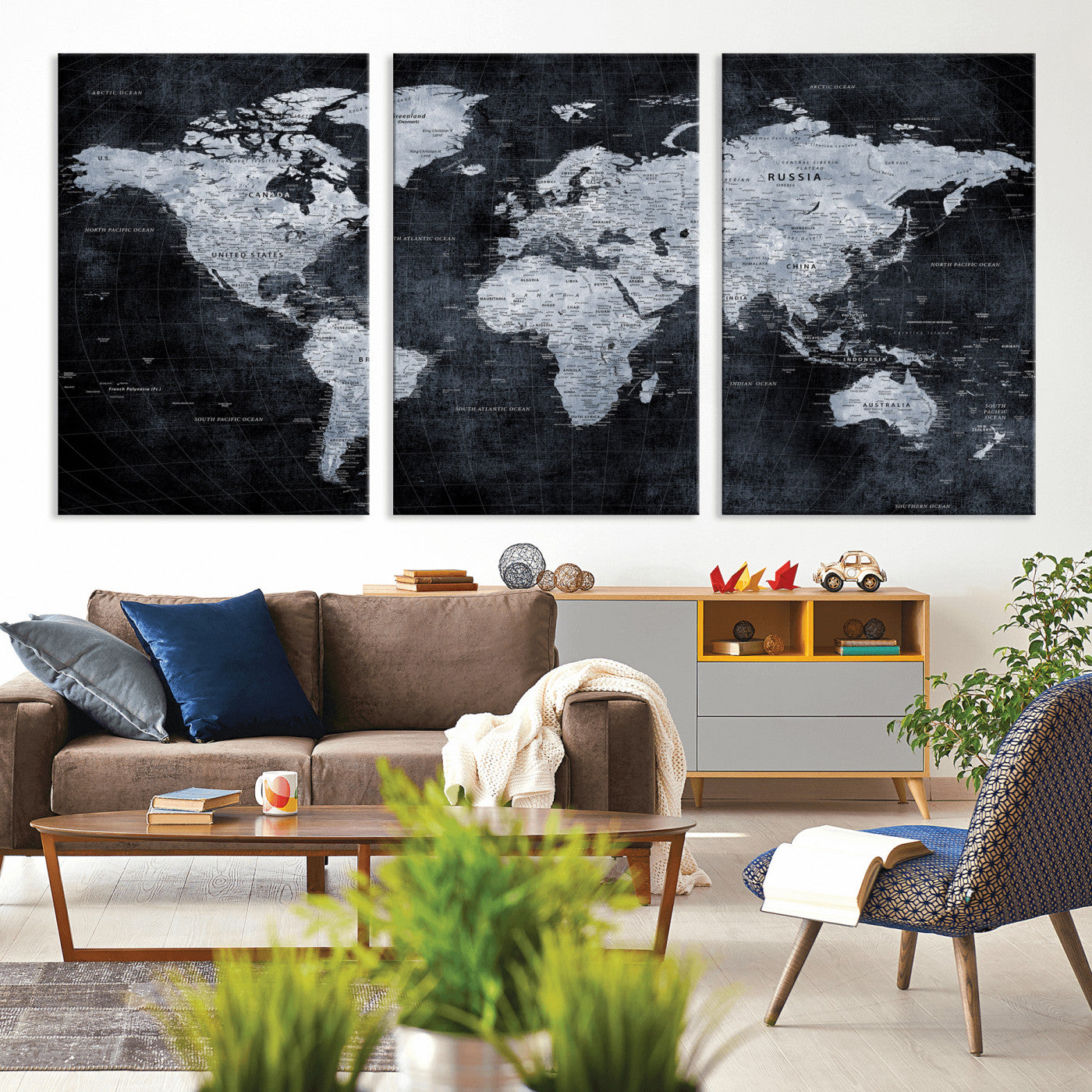 86893704-MGV-CV-36X24 - World Map Wall Art Canvas Print, Modern Decorative Framed Map Artwork Prints for Living Room, Office, Bedroom Wall Decor