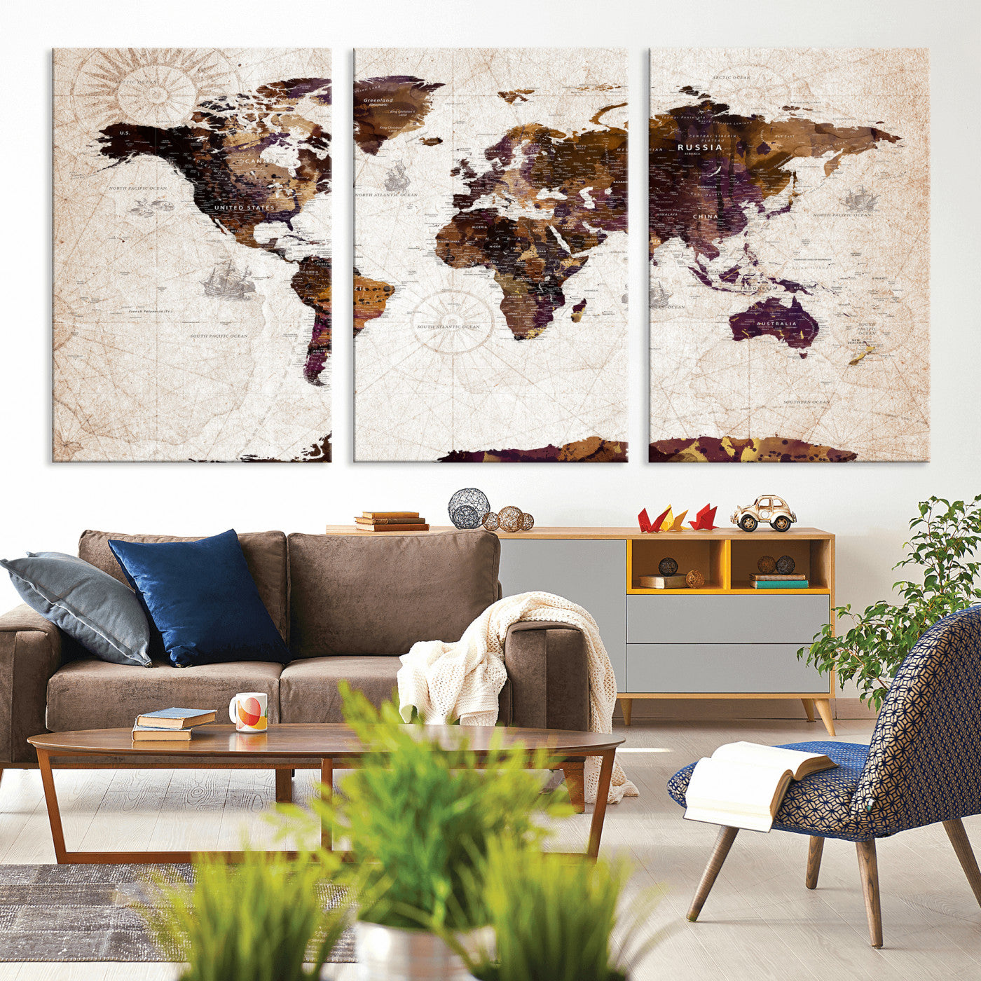 53400857-MGV-CV-36X24 - World Map Wall Art Canvas Print, Modern Decorative Framed Map Artwork Prints for Living Room, Office, Bedroom Wall Decor