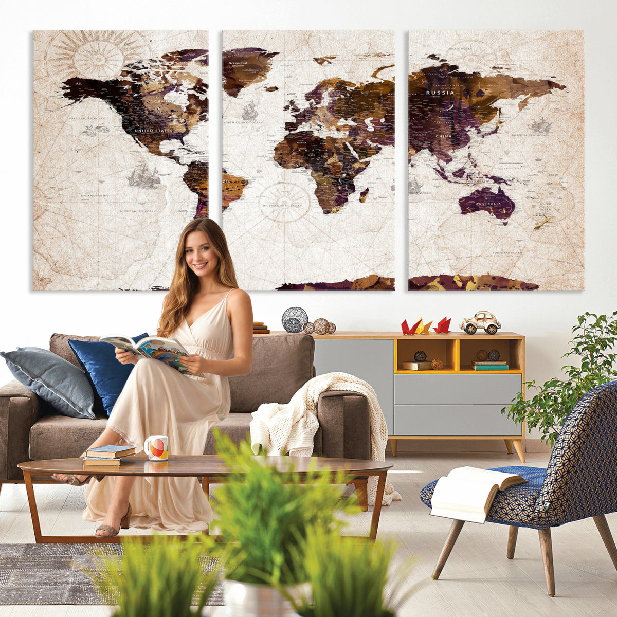 53400857-MGV-CV-36X24 - Blue Watercolor World Map Canvas Print – Framed Modern Wall