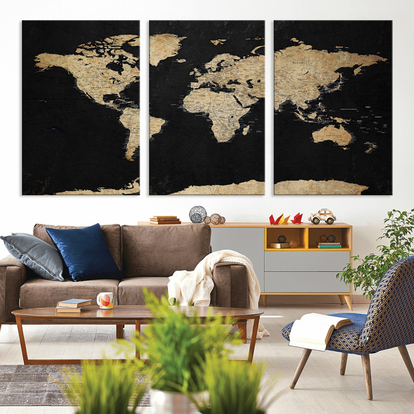 71518849-MGV-CV-36X24 - World Map Wall Art Canvas Print, Modern Decorative Framed Map Artwork Prints for Living Room, Office, Bedroom Wall Decor
