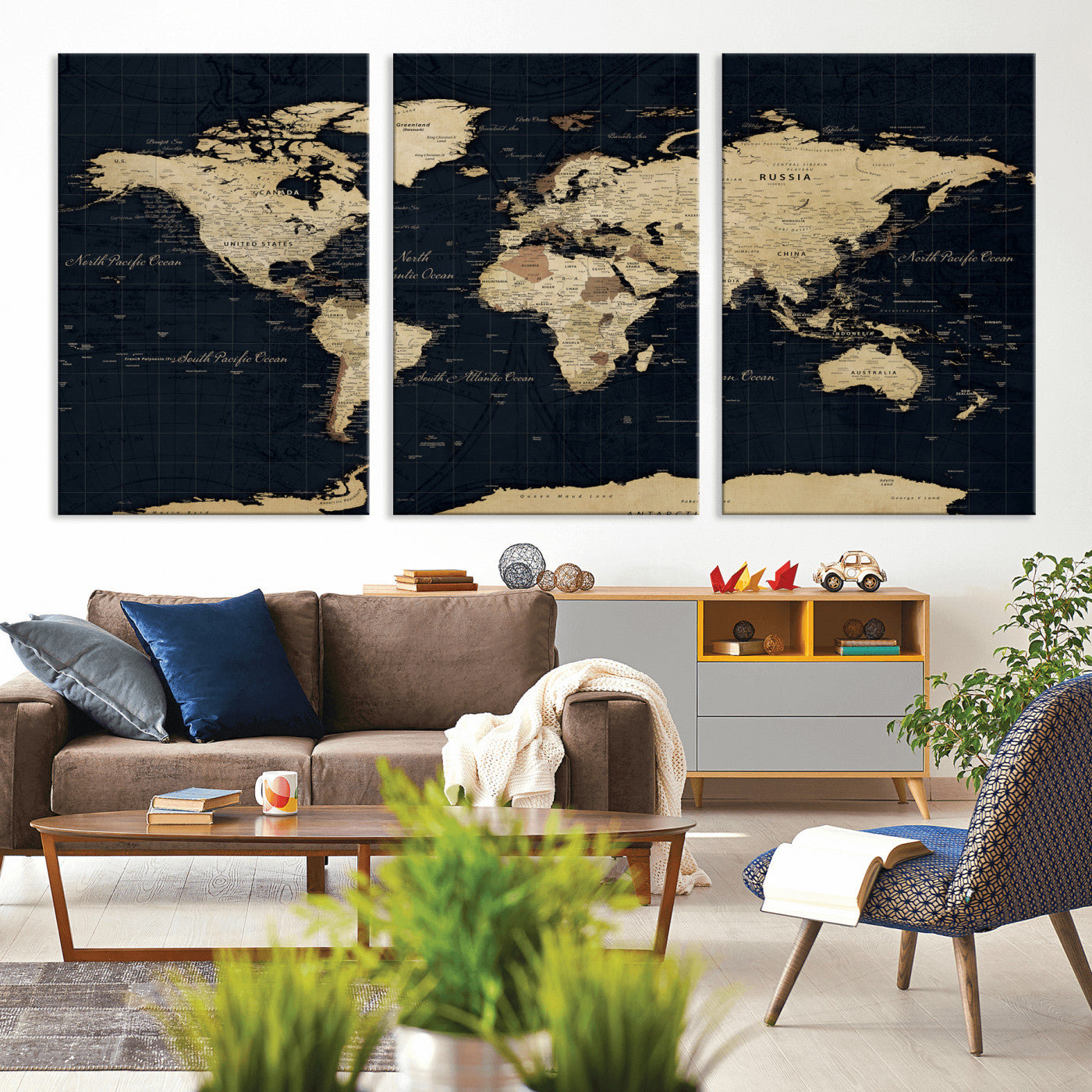 45063434-MGV-CV-36X24 - World Map Wall Art Canvas Print, Modern Decorative Framed Map Artwork Prints for Living Room, Office, Bedroom Wall Decor