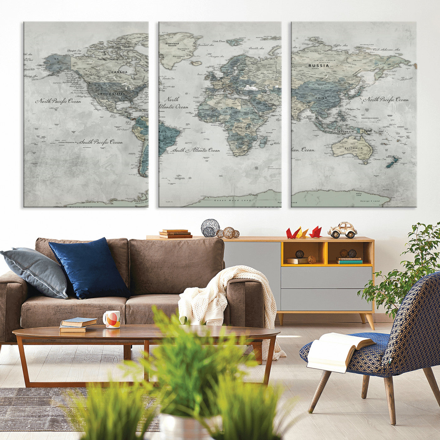 91132939-MGV-CV-36X24 - World Map Wall Art Canvas Print, Modern Decorative Framed Map Artwork Prints for Living Room, Office, Bedroom Wall Decor