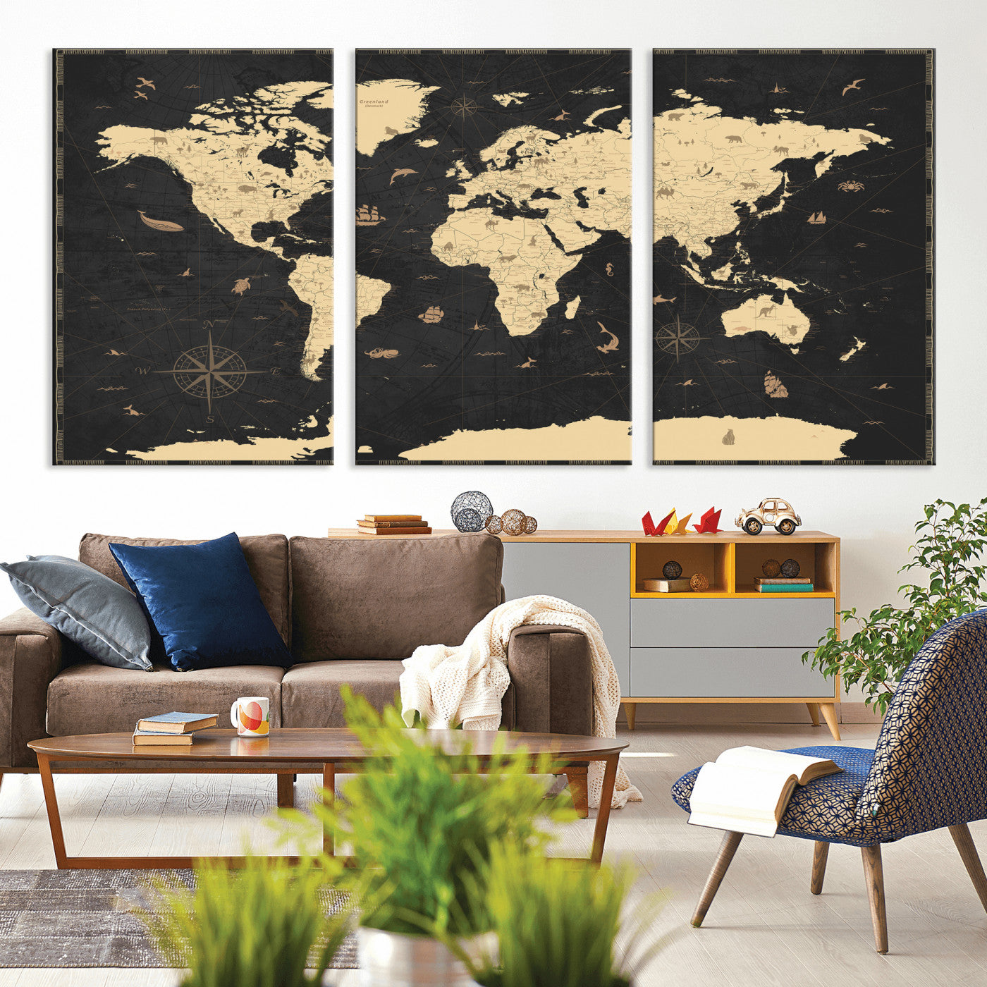 75220264-MGV-CV-36X24 - World Map Wall Art Canvas Print, Modern Decorative Framed Map Artwork Prints for Living Room, Office, Bedroom Wall Decor