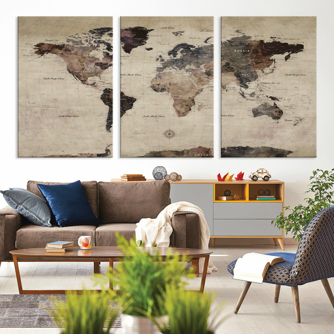 60560672-MGV-CV-36X24 - World Map Wall Art Canvas Print, Modern Decorative Framed Map Artwork Prints for Living Room, Office, Bedroom Wall Decor