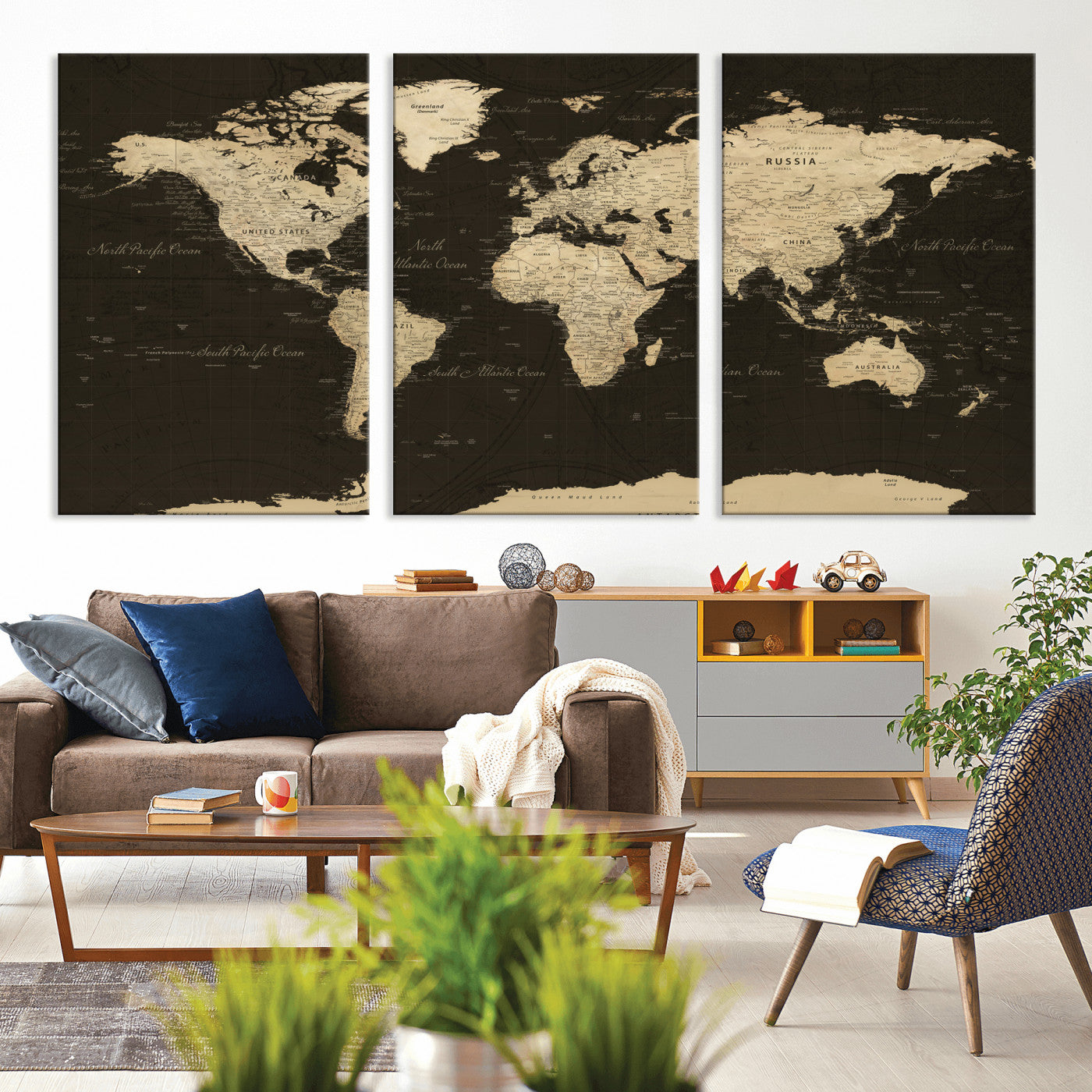 89024244-MGV-CV-36X24 - World Map Wall Art Canvas Print, Modern Decorative Framed Map Artwork Prints for Living Room, Office, Bedroom Wall Decor