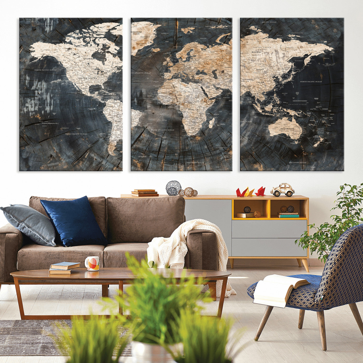 89162112-MGV-CV-36X24 - World Map Wall Art Canvas Print, Modern Decorative Framed Map Artwork Prints for Living Room, Office, Bedroom Wall Decor