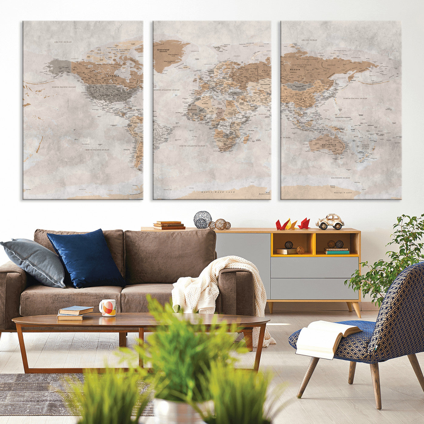 34051638-MGV-CV-36X24 - World Map Wall Art Canvas Print, Modern Decorative Framed Map Artwork Prints for Living Room, Office, Bedroom Wall Decor