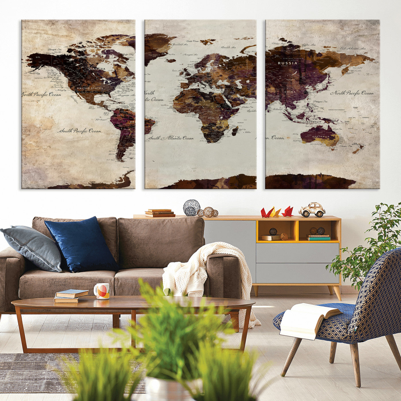 50611123-MGV-CV-36X24 - World Map Canvas Triptych – Colorful Global Wall Art for Living Rooms, Offices, and Study Spaces