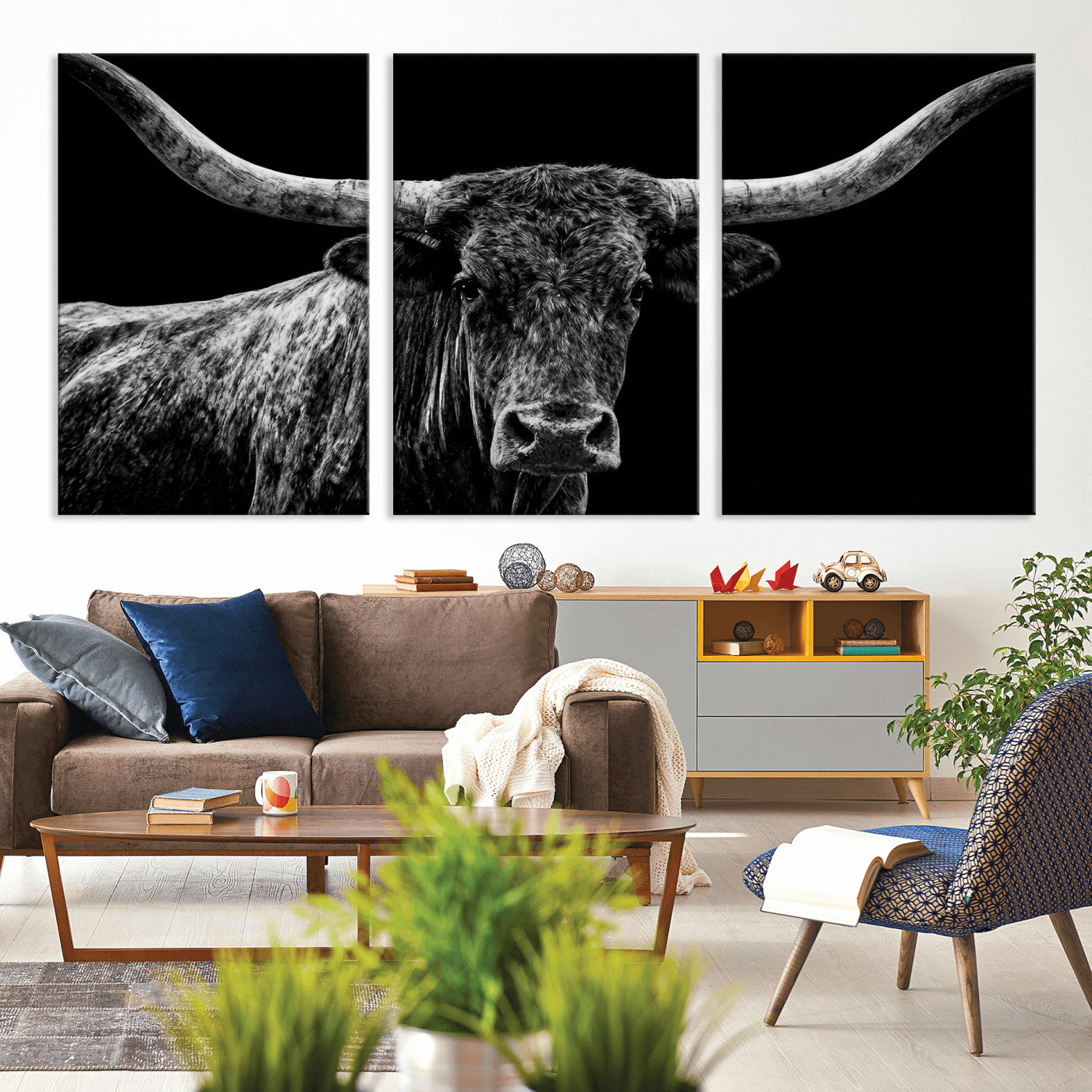 86568508-MGV-CV-36X24 - Vintage Texas Longhorn Bull Wall Art Canvas Print, Texas Cow Portrait Print, Framed Bull Wall Art Ready to Hang