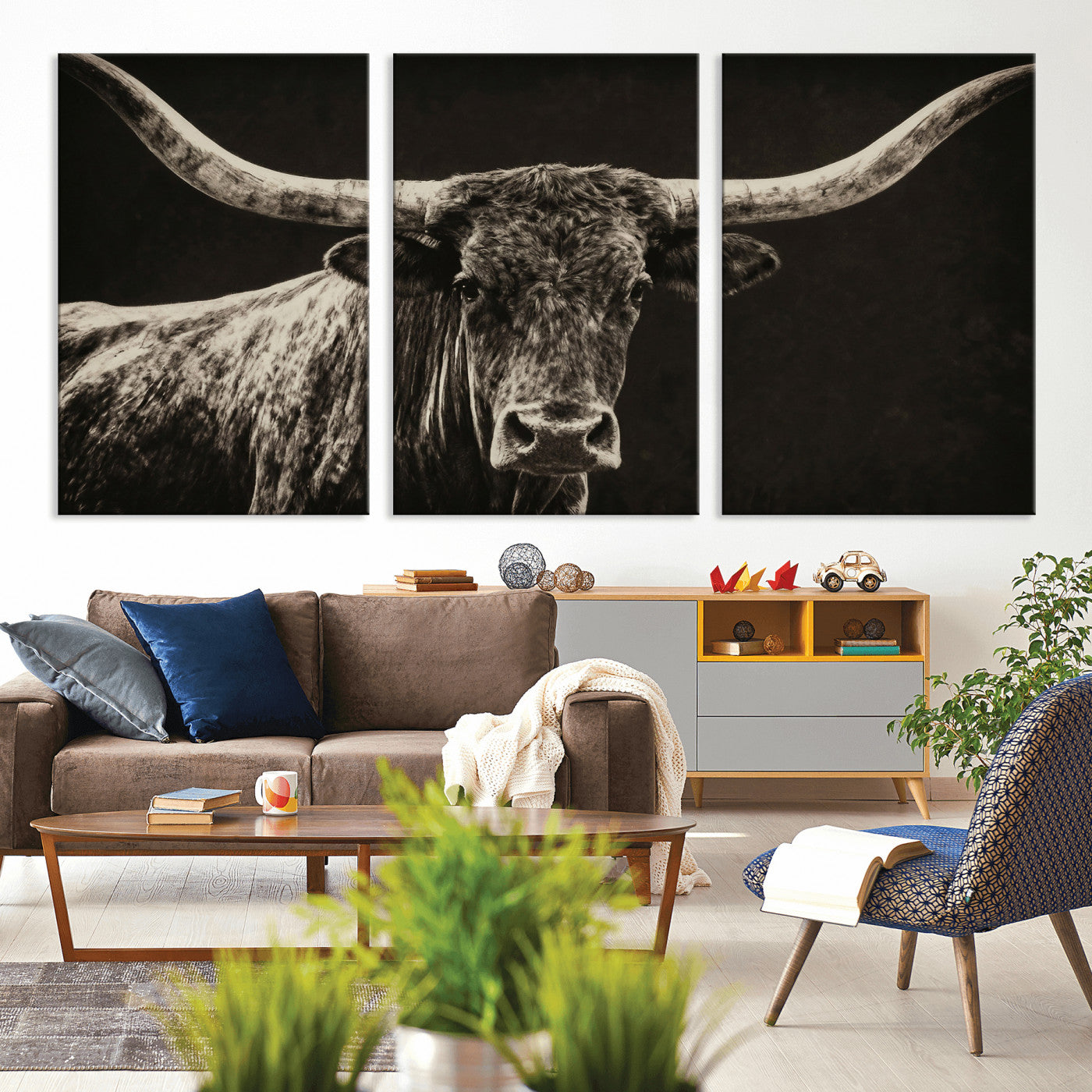 74513721-MGV-CV-36X24 - Vintage Texas Longhorn Bull Wall Art Canvas Print, Cow Portrait Photography Print, Framed Wall Art Ready to Hang