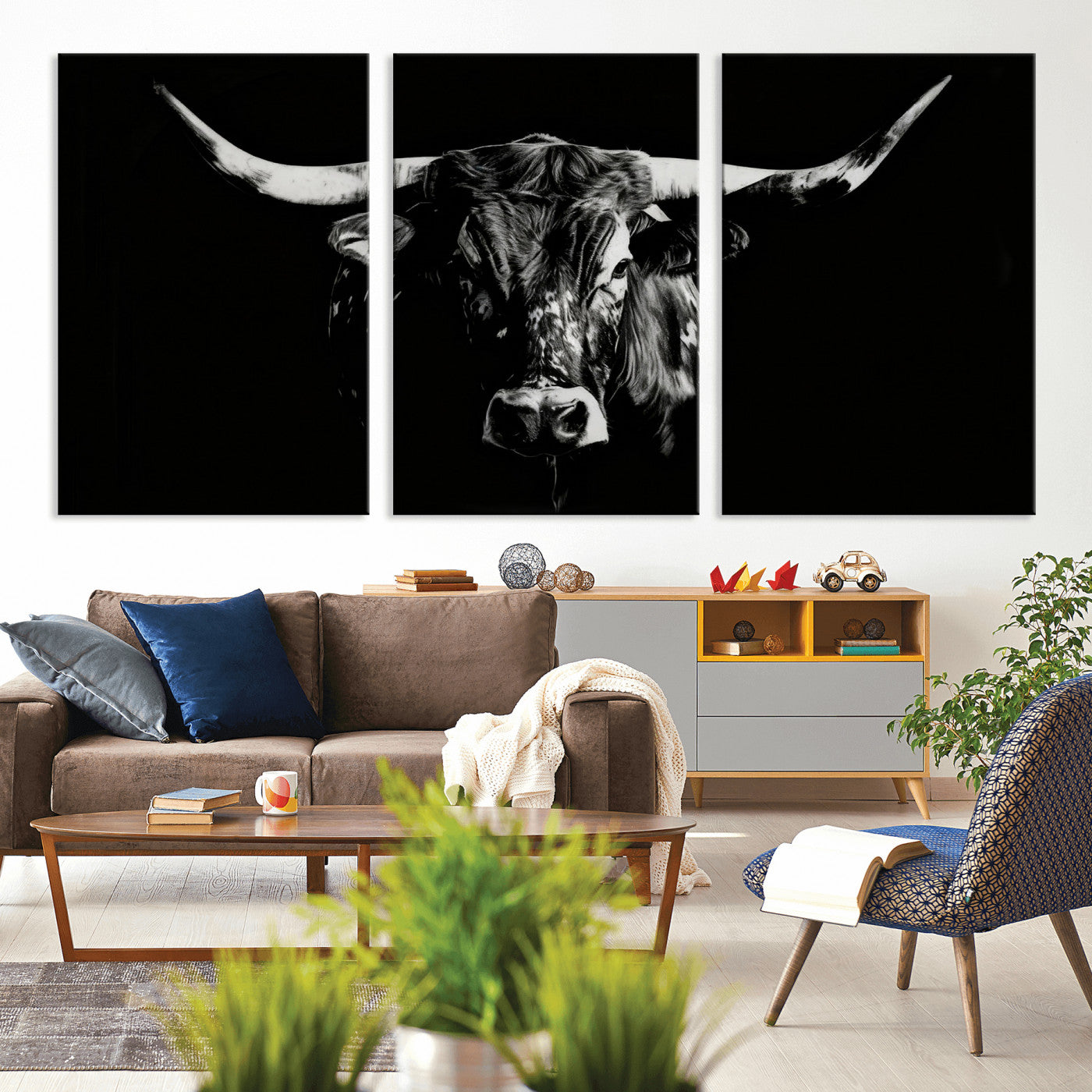 21436434-MGV-CV-36X24 - Black Bull Wall Art Canvas Print, Dark Longhorn Portrait Photography, Framed Wall Art Ready to Hang