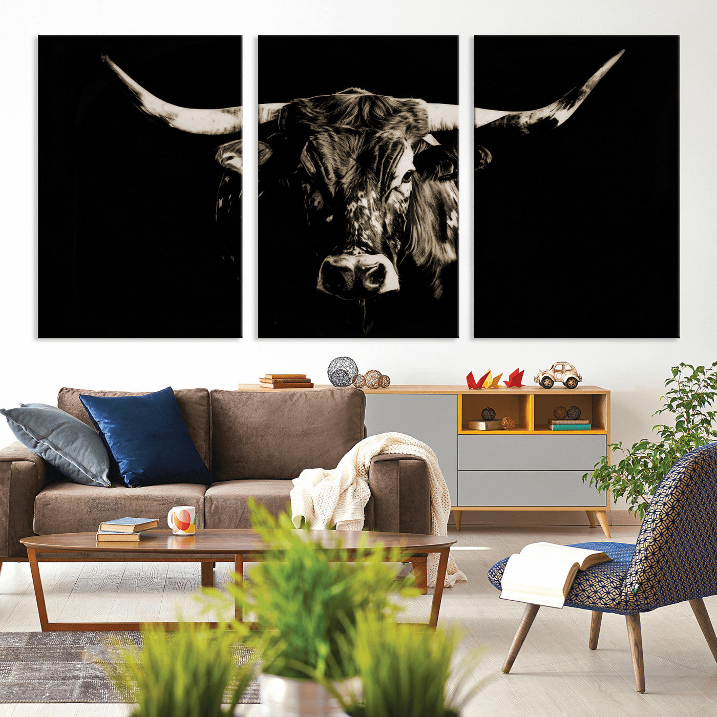 75774468-MGV-CV-36X24 - Black Bull Wall Art Canvas Print, Dark Longhorn Portrait Photography, Framed Wall Art Ready to Hang