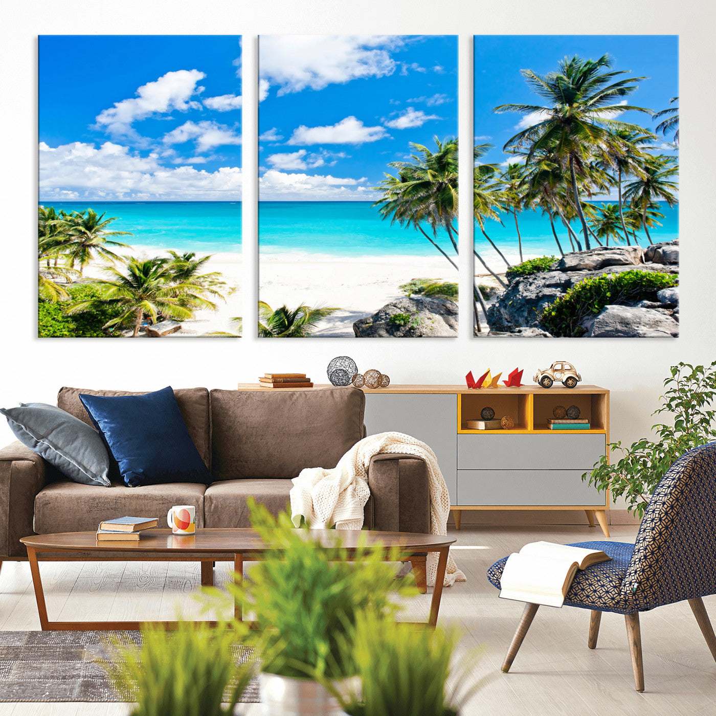 29232878-MGV-CV-36X24 - Barbados Beach Wall Art Canvas Print, Palm Tree Ocean Landscape, Turquoise Sea Coastal Photography, Tropical Island Wall Decor, Framed Ready to Hang