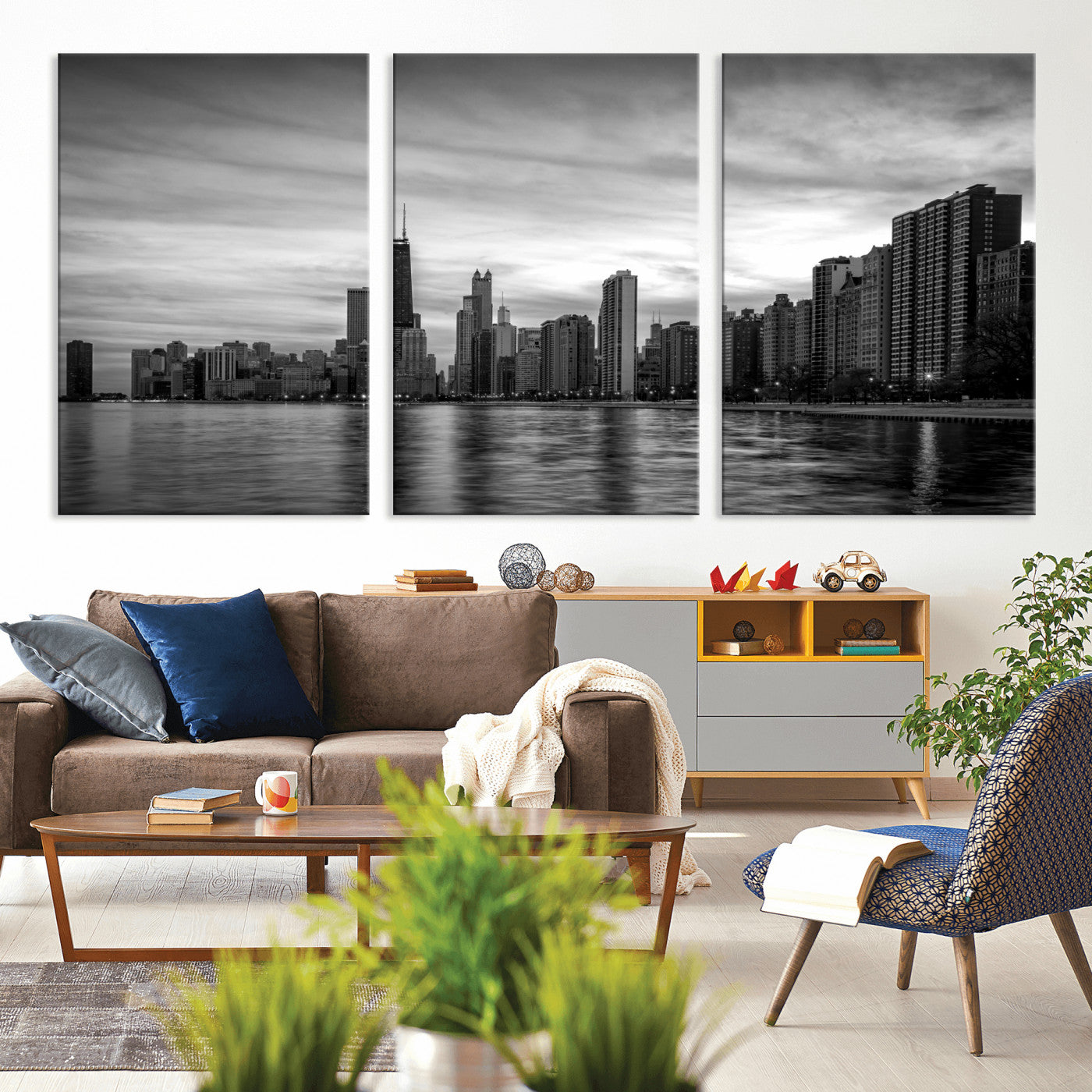 74552581-MGV-CV-36X24 - Chicago Wall Art Canvas Print, Chicago City Downtown Night Cityscape Print for Modern Urban Wall Decor