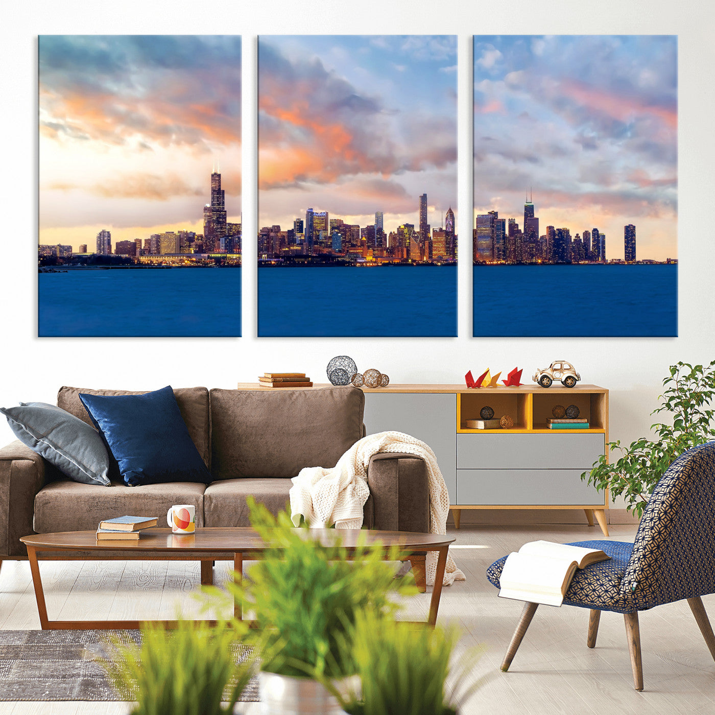 34667960-MGV-CV-36X24 - Chicago Wall Art Canvas Print, Chicago City Downtown Night Cityscape Print for Modern Urban Wall Decor