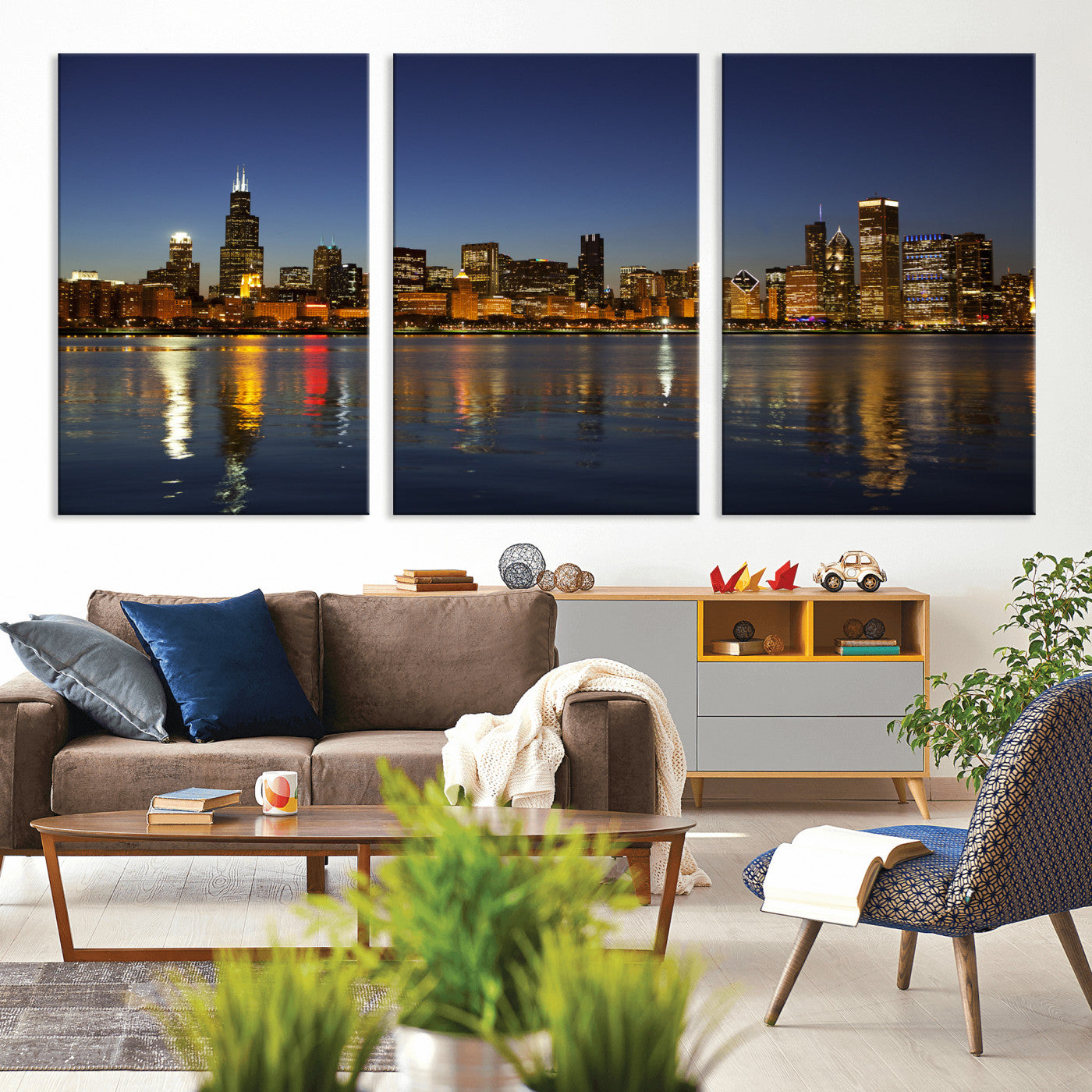 67308035-MGV-CV-36X24 - Chicago Wall Art Canvas Print, Chicago City Downtown Night Cityscape Print for Modern Urban Wall Decor