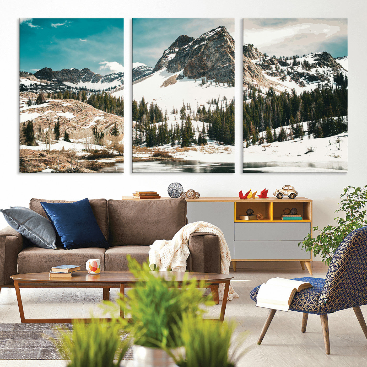 56837070-MGV-CV-36X24 - Snowy Mountain Landscape Wall Art Canvas Print, Alpine Pine Forest Winter Nature Wall Decor for Living Room and Office