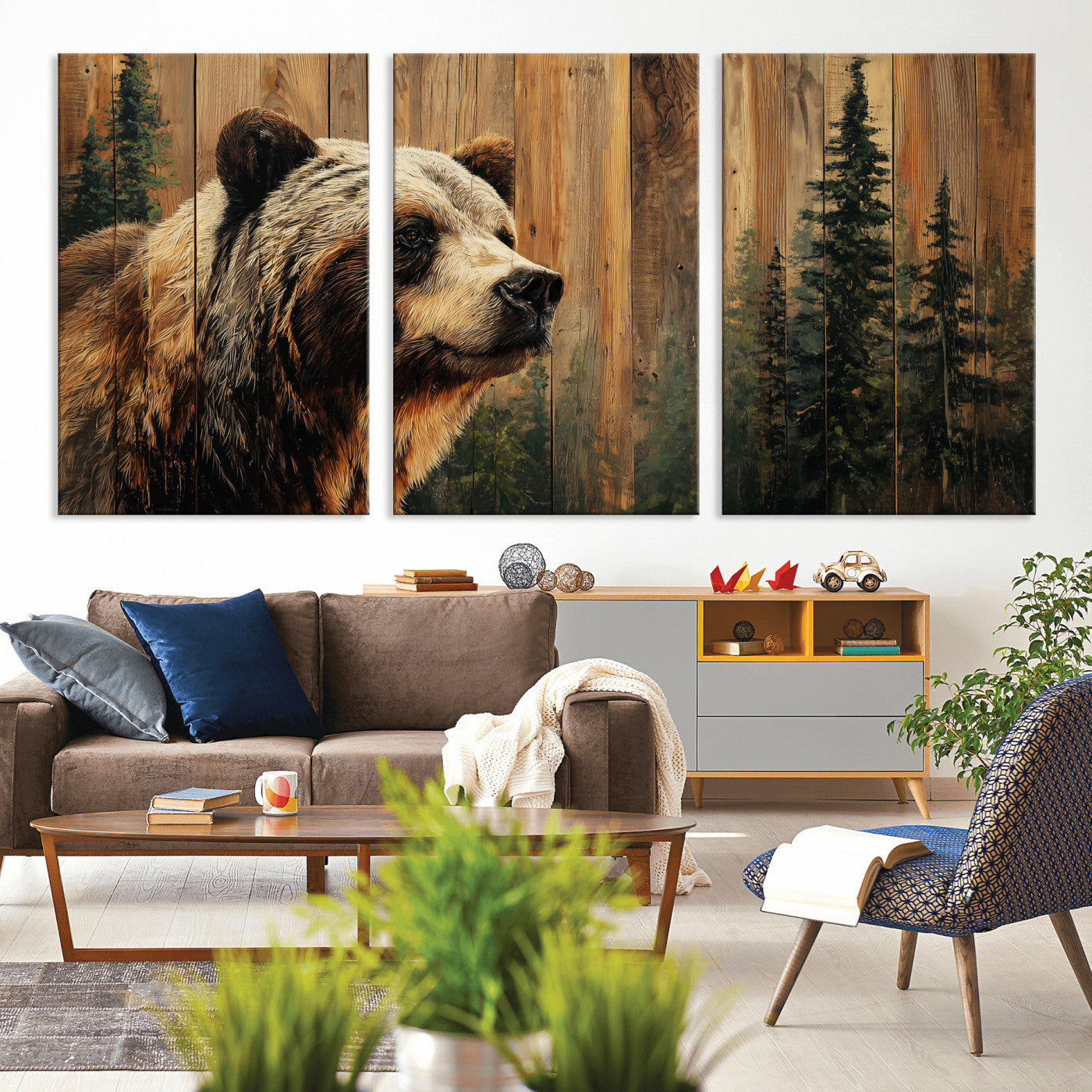 75645180-MGV-CV-36X24 - Grizzly Bear Wall Art Canvas Print, Rustic Wildlife Bear Artwork, Forest Animal Painting, Cabin Lodge Nature Wall Decor