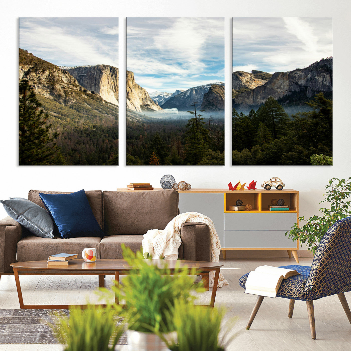 15089394-MGV-CV-36X24 - Yosemite Valley Mountain Landscape Wall Art Canvas Print, Granite Cliff Forest Valley Canvas Print, California National Park Scenic Art Printing