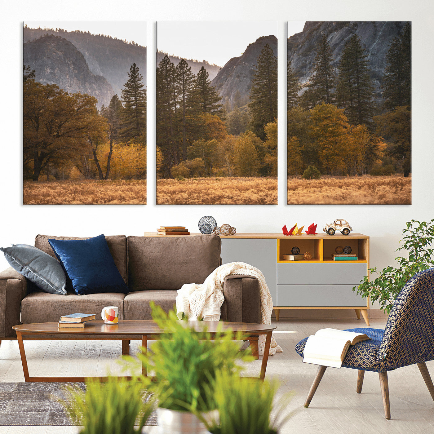 61682763-MGV-CV-36X24 - Yosemite Valley Autumn Forest Landscape Wall Art Canvas Print, Granite Mountain Pine Trees Canvas Print, California National Park Fall Scenic Art Printing