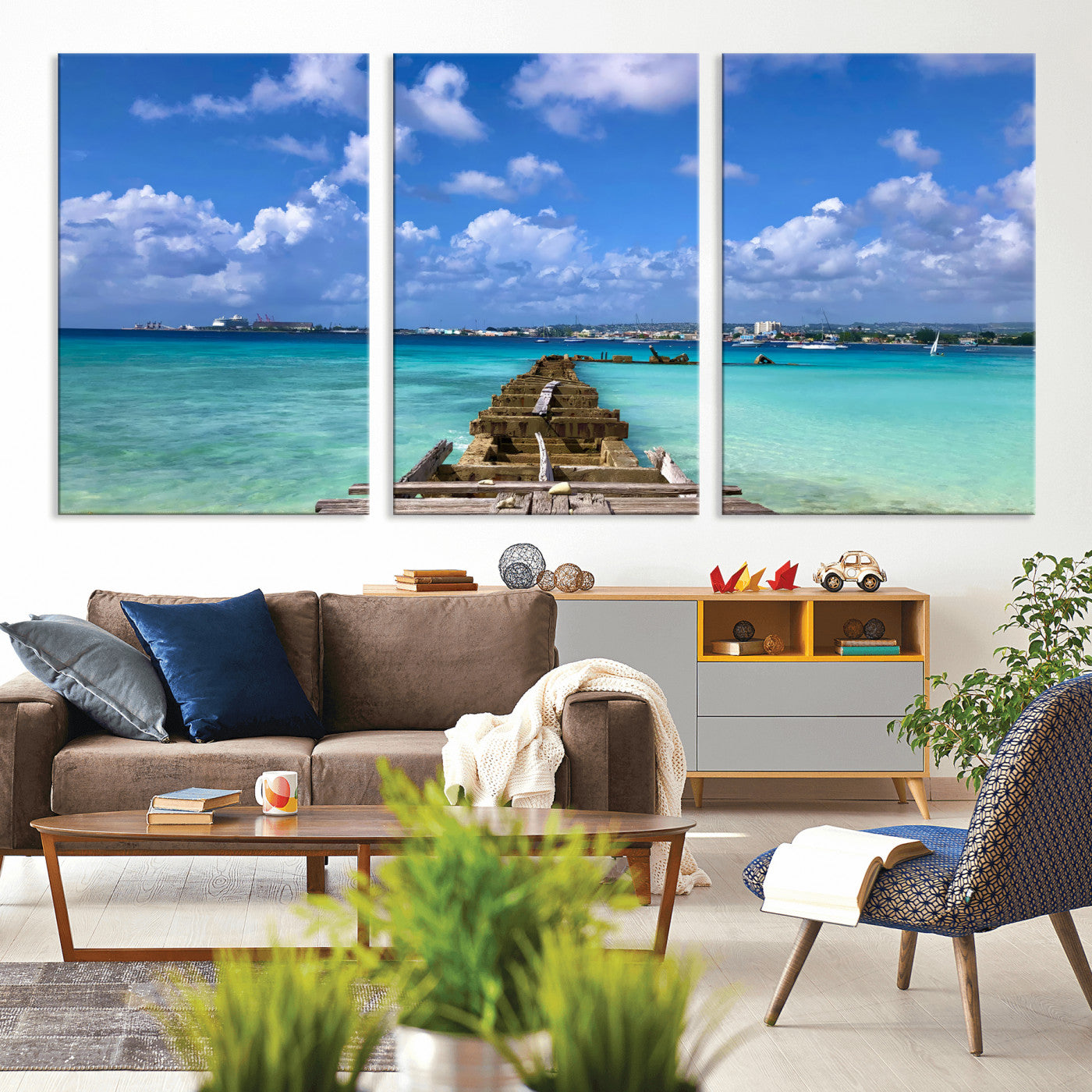 43165024-MGV-CV-36X24 - Caribbean Ocean Pier Seascape Wall Art Canvas Print, Turquoise Sea Tropical Harbor Canvas Print, Island Coastal Blue Water Scenic Art Printing