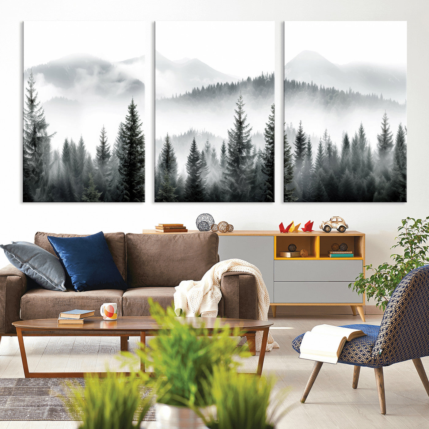 38819032-MGV-CV-36X24 - Misty Pine Forest Mountain Landscape Wall Art Canvas Print, Foggy Evergreen Trees Minimal Nature Canvas Print, Monochrome Wilderness Scenic Art Printing