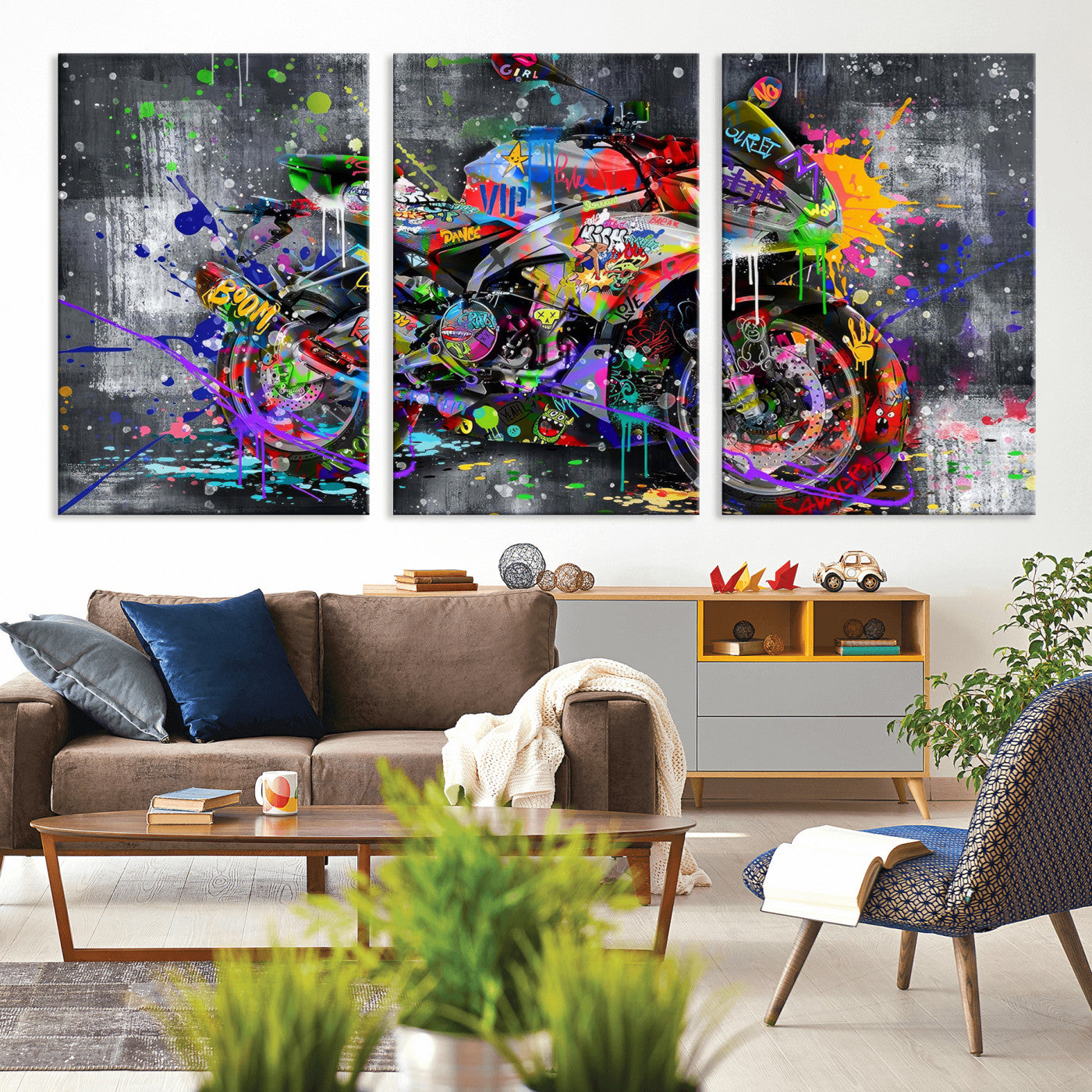 83021767-MGV-CV-36X24 - Graffiti Motorcycle Wall Art Canvas Print, Urban Street Art Motorbike Decor, Colorful Graffiti Sports Bike Artwork