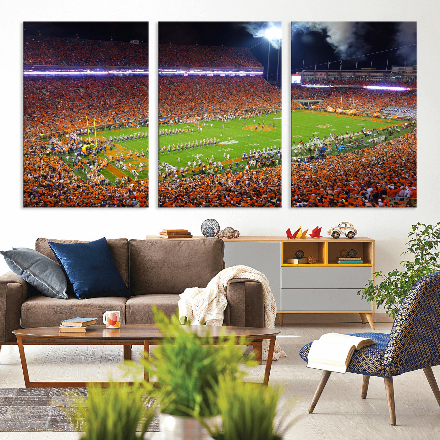 43662631-MGV-CV-36X24 - Clemson Football Stadium Wall Art Canvas Print, College Football Crowd Night Game Scene, Orange Stadium Panorama Wall Decor