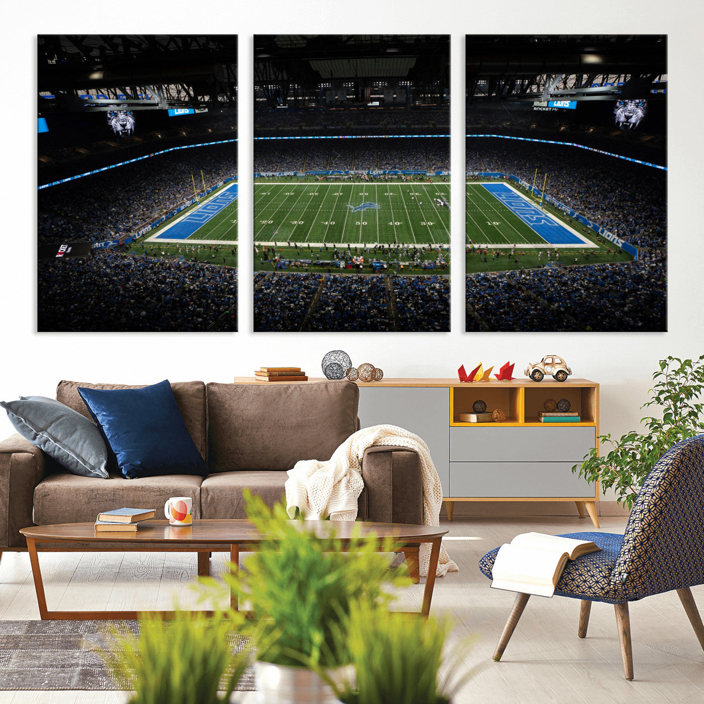16709602-MGV-CV-36X24 - Detroit Lions Stadium Wall Art Canvas Print, Football Field Panorama Artwork, NFL Game Night Stadium Decor