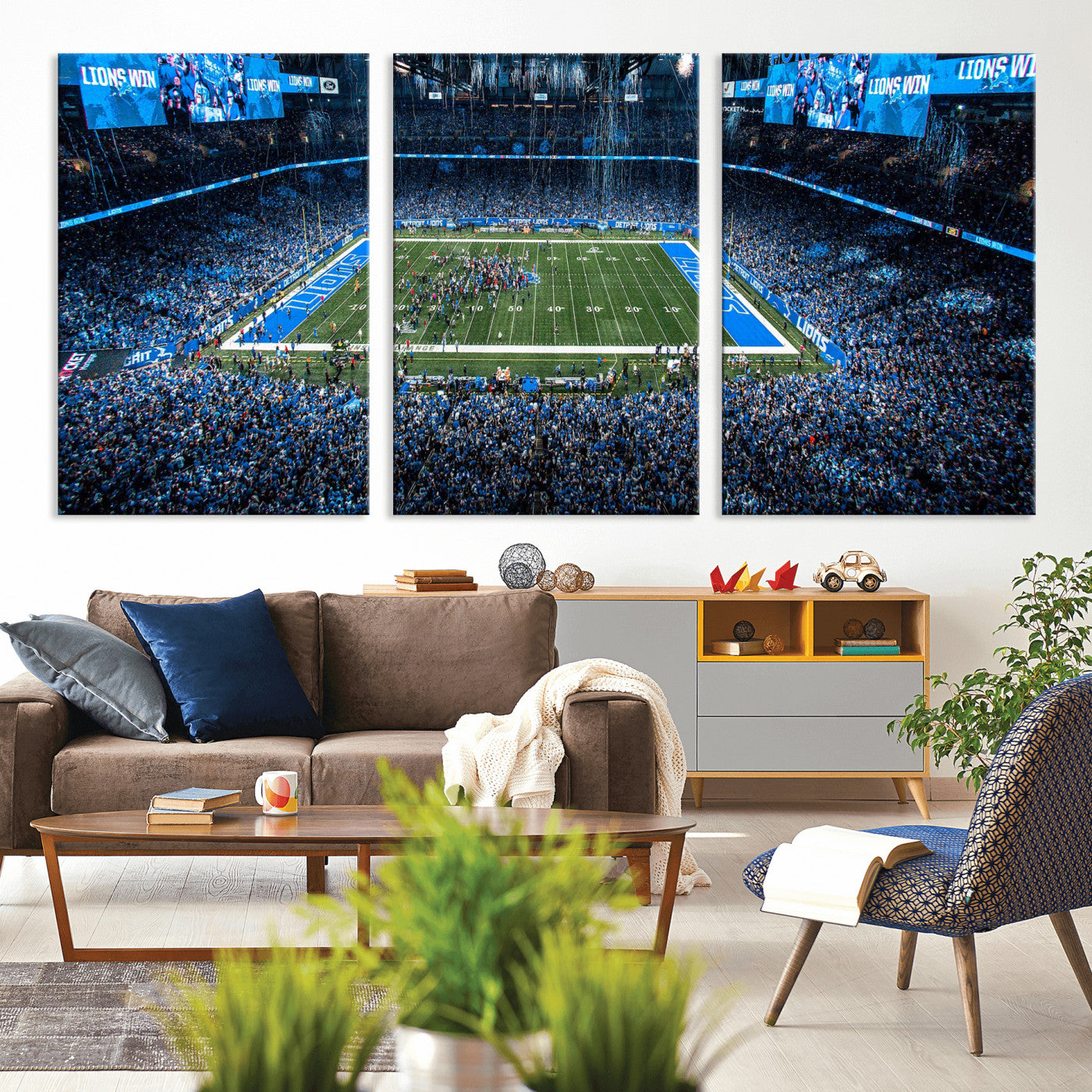 80882005-MGV-CV-36X24 - Detroit Lions Stadium Wall Art Canvas Print, Football Field Panorama Artwork, NFL Game Night Stadium Decor