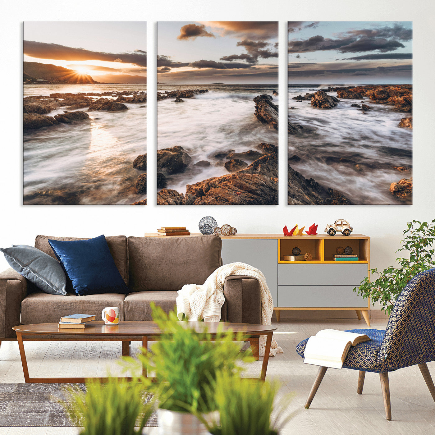 66746024-MGV-CV-36X24 - Rocky Coast Ocean Sunset Wall Art Canvas Print, Dramatic Seascape Nature Wall Decor for Living Room and Office