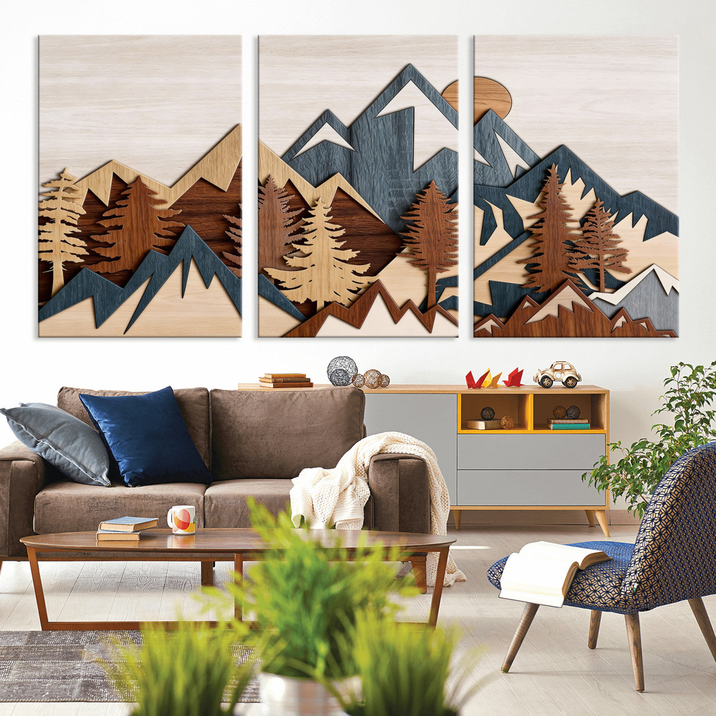 39888898-MGV-CV-36X24 - Layered Wooden Mountain Wall Art Canvas Print, Modern Rustic Forest and Pine Landscape Wall Decor