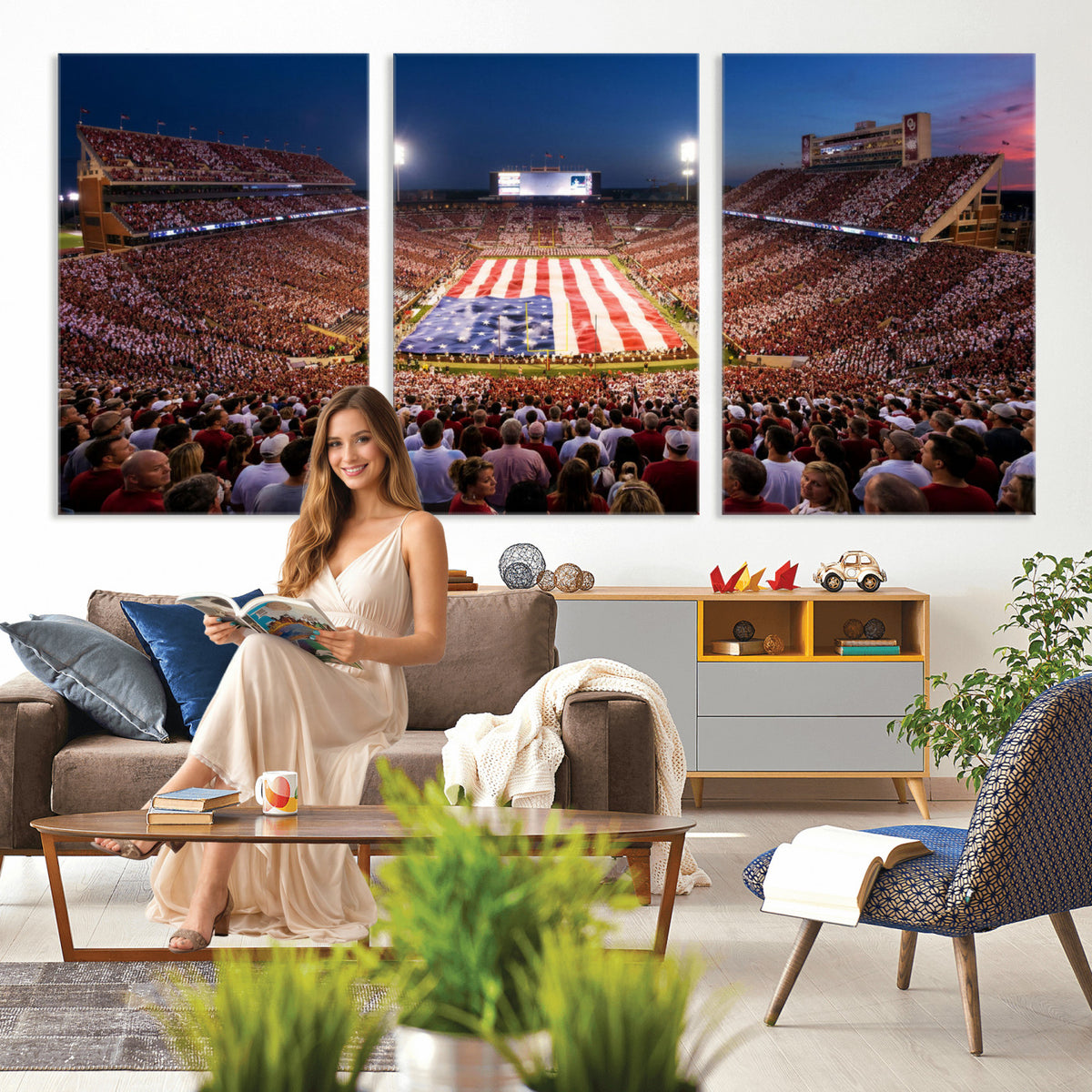 59917418-MGV-CV-36X24 - Oklahoma Memorial Stadium Wall Art Canvas Print – Oklahoma Sooners Football Artwork for Home, Office, and Sports Room Decor