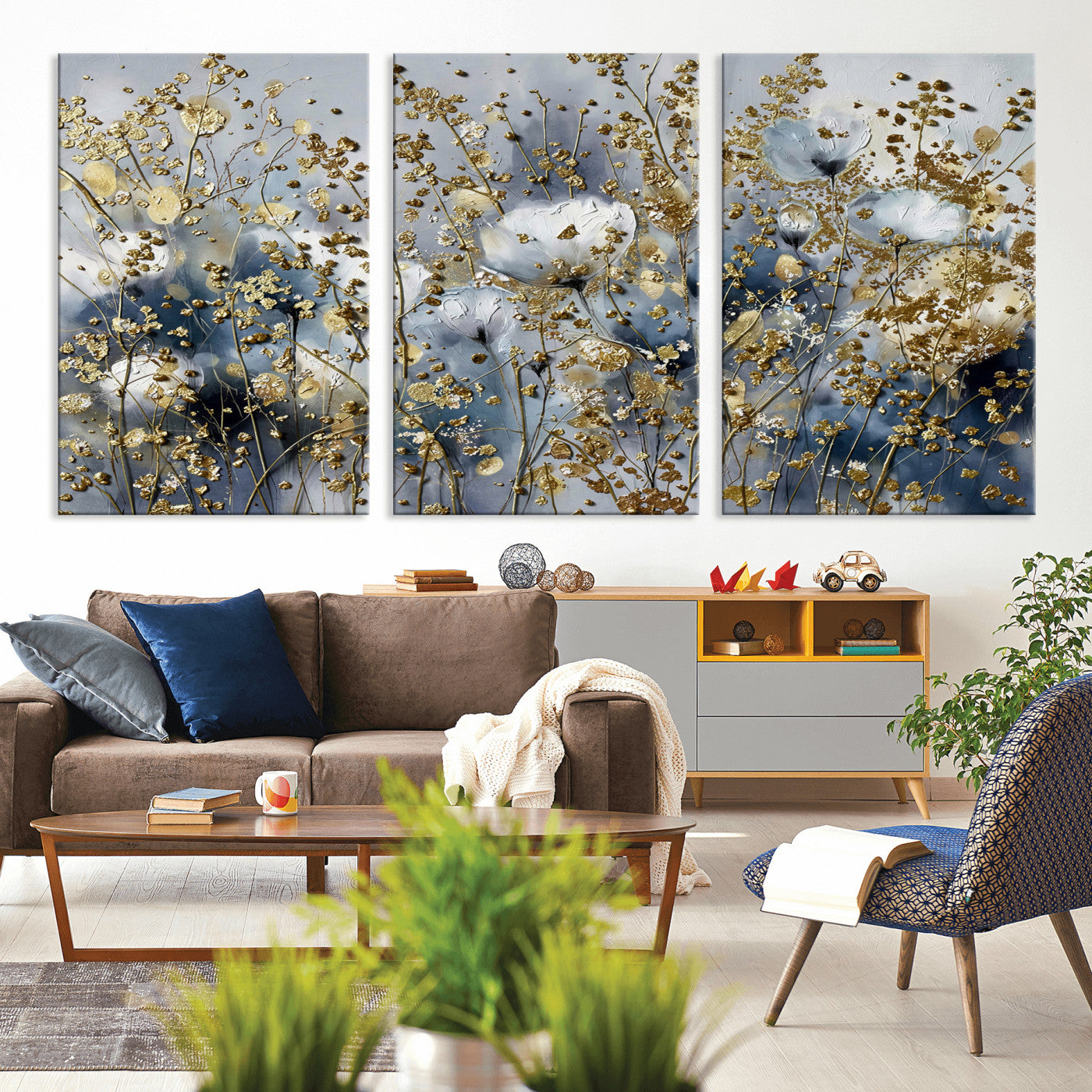24499670-MGV-CV-36X24 - Abstract Floral Wall Art Canvas Print – Gold and Blue Botanical Artwork for Living Room, Bedroom, and Office Decor
