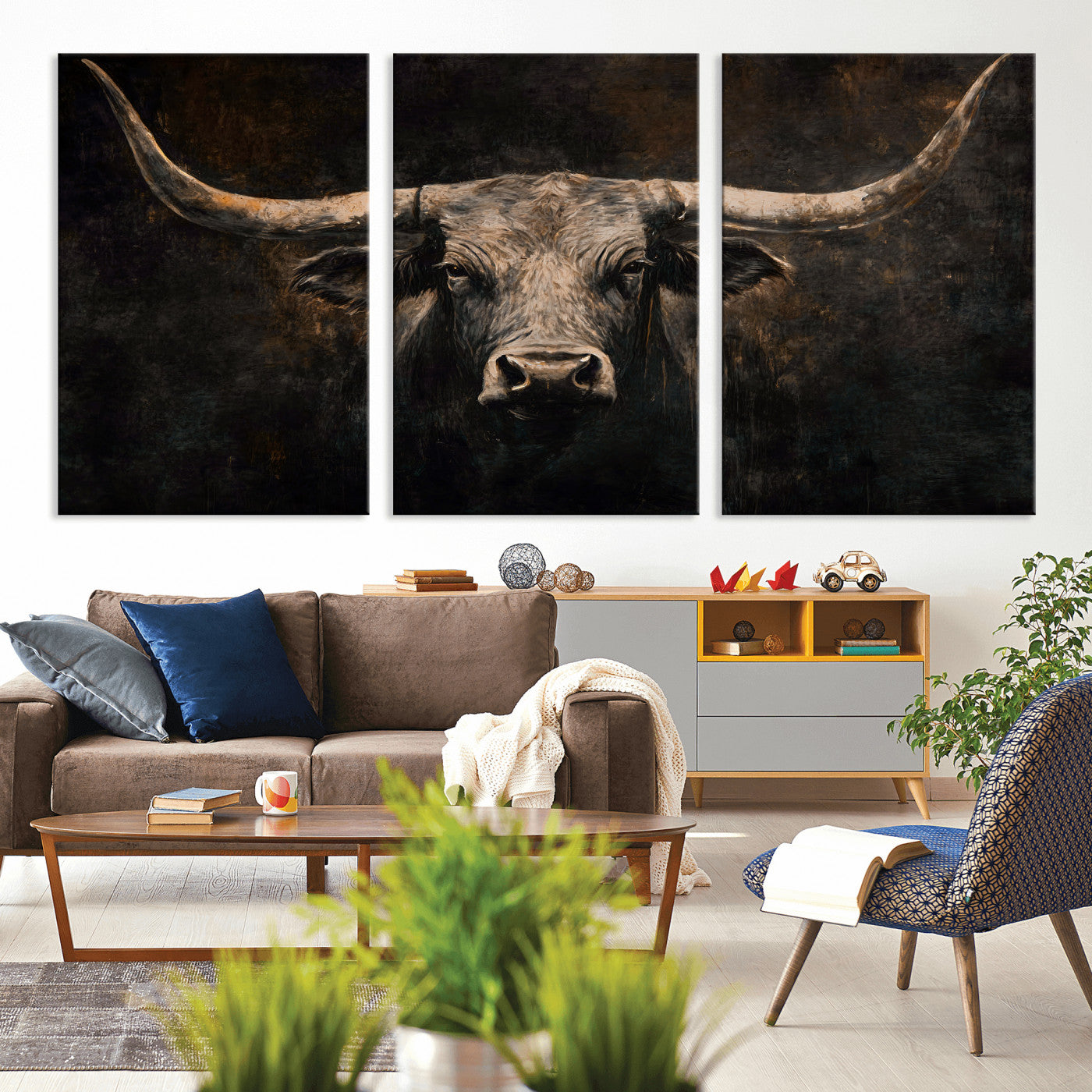 15731200-MGV-CV-36X24 - Vintage Longhorn Bull Wall Art Canvas Print – Rustic Western Cattle Artwork for Farmhouse, Ranch, Cabin, and Office Decor