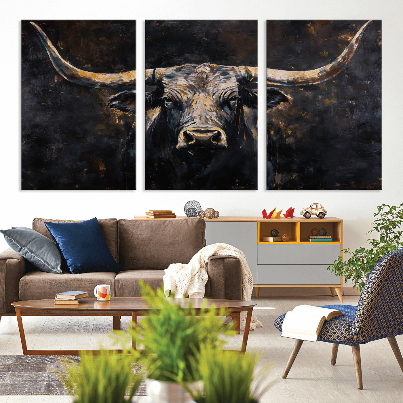 17622011-MGV-CV-36X24 - Abstract Longhorn Bull Wall Art Canvas Print – Dark Rustic Western Cattle Artwork for Farmhouse, Ranch, Cabin, and Office Decor