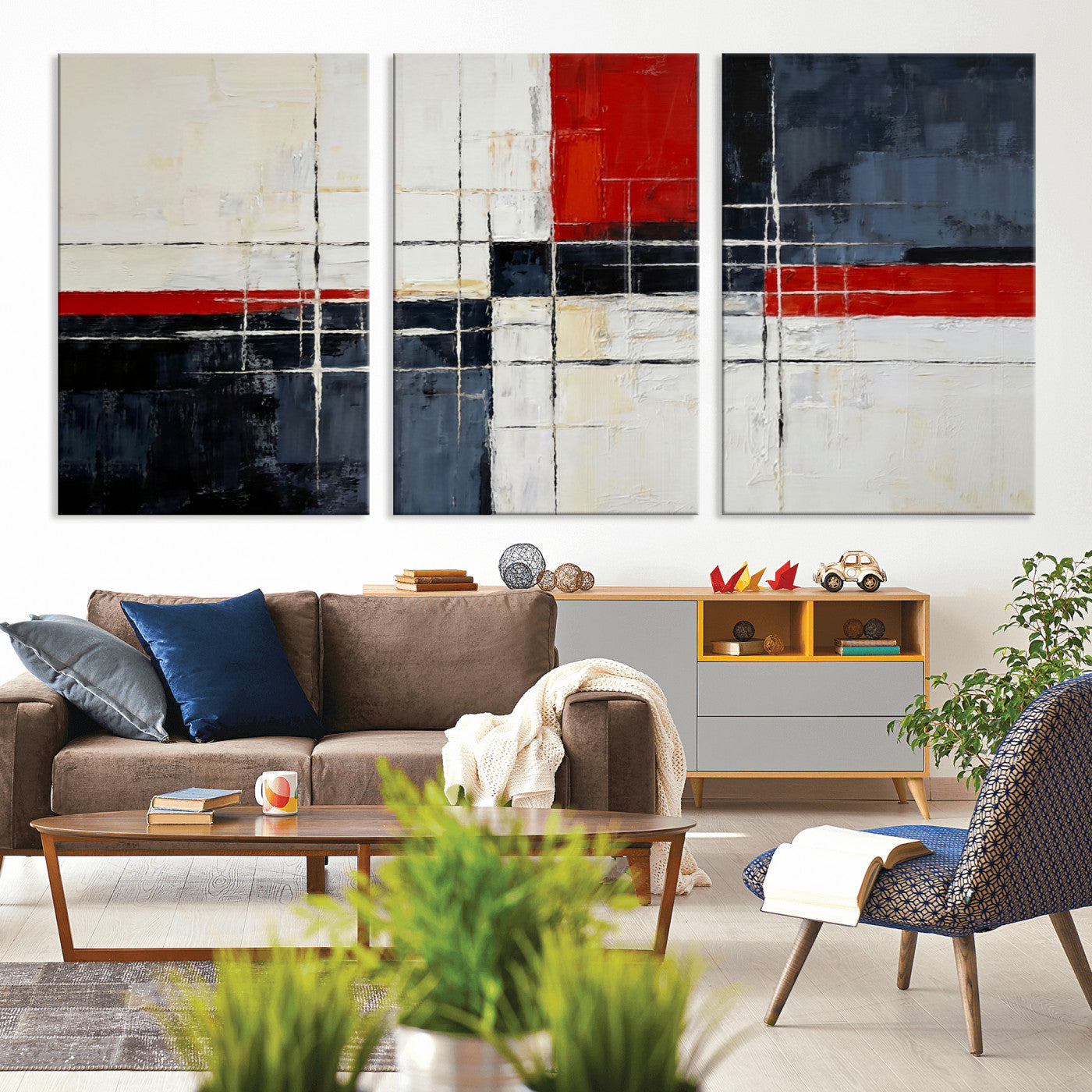 44088165-MGV-CV-36X24 - Navy Red Abstract Wall Art Canvas Print, Modern Luxury Geometric Painting Wall Decor for Living Room and Office