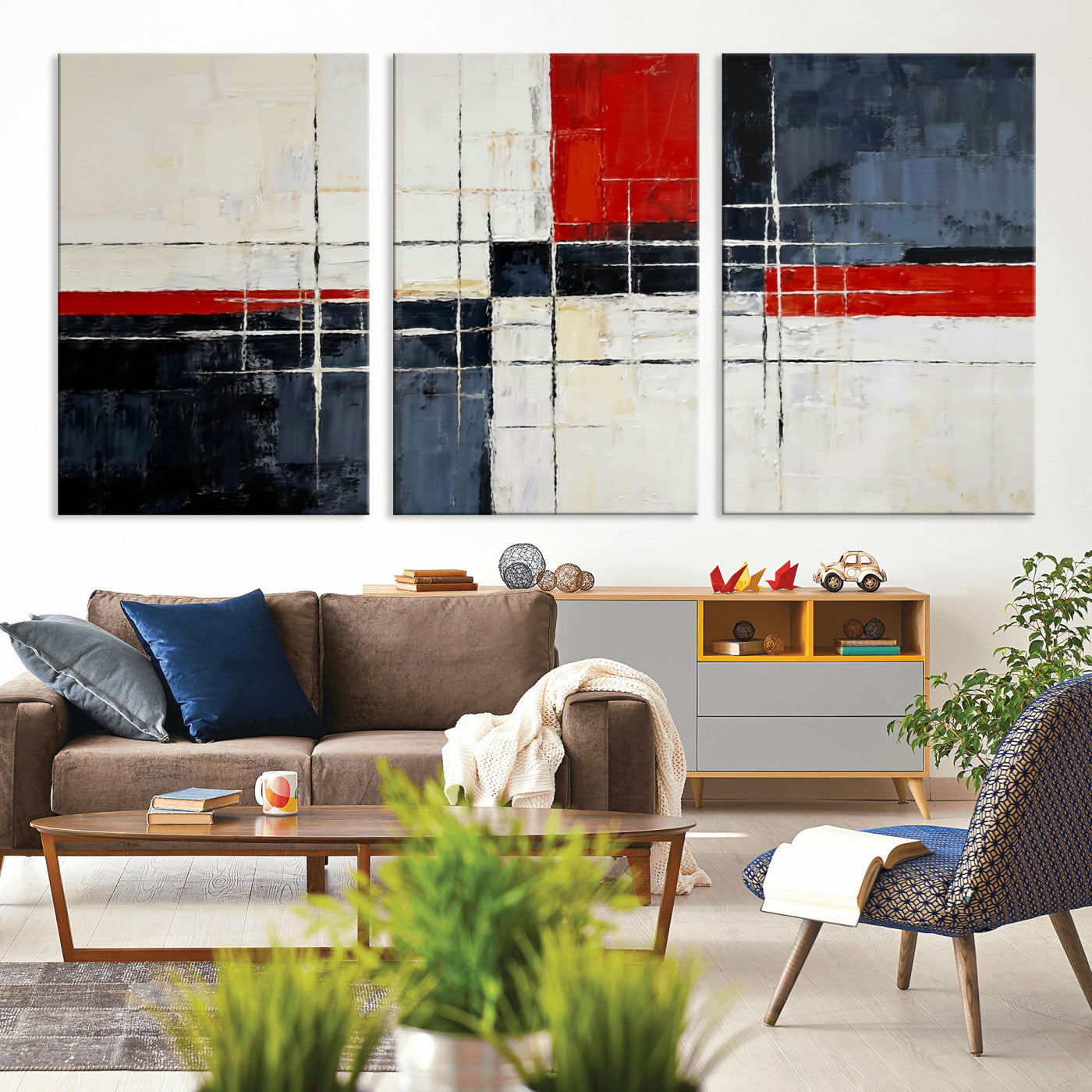 11921181-MGV-CV-36X24 - Navy Red Abstract Wall Art Canvas Print, Modern Luxury Geometric Painting Wall Decor for Living Room and Office