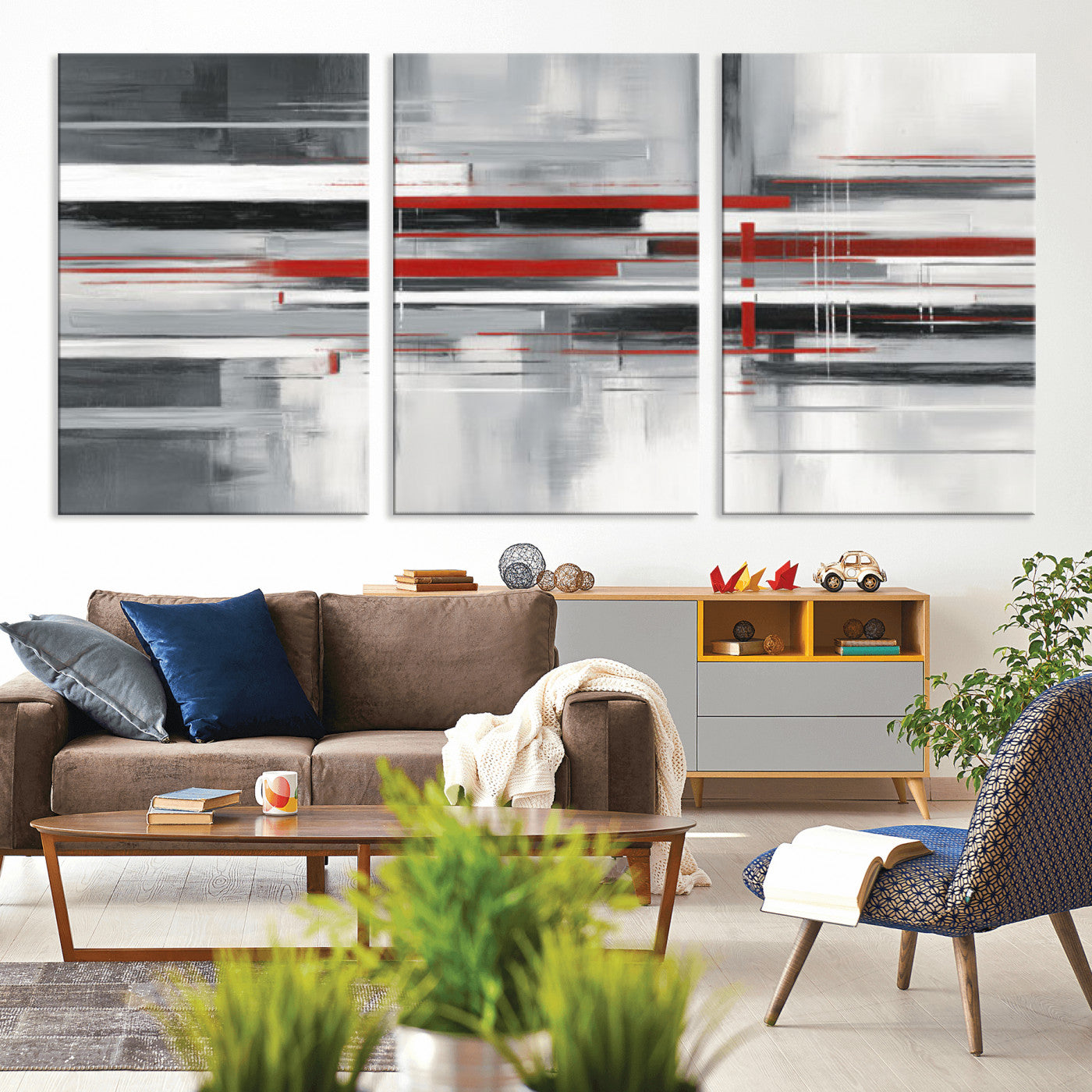 62640681-MGV-CV-36X24 - Gray Red Abstract Wall Art Canvas Print, Modern Abstract Canvas Wall Decor for Contemporary Living Room and Office