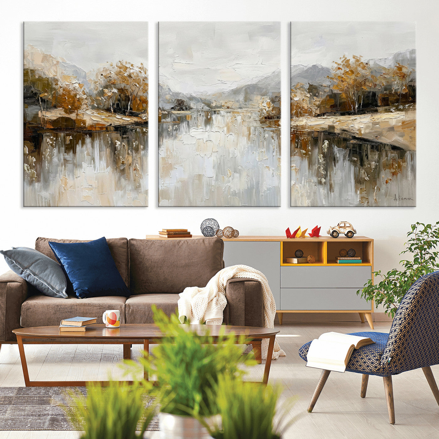 78227690-MGV-CV-36X24 - Neutral Abstract Lake Landscape Wall Art Canvas Print, Modern Minimal River Reflection Canvas Print, Beige Gray Contemporary Nature Art Printing