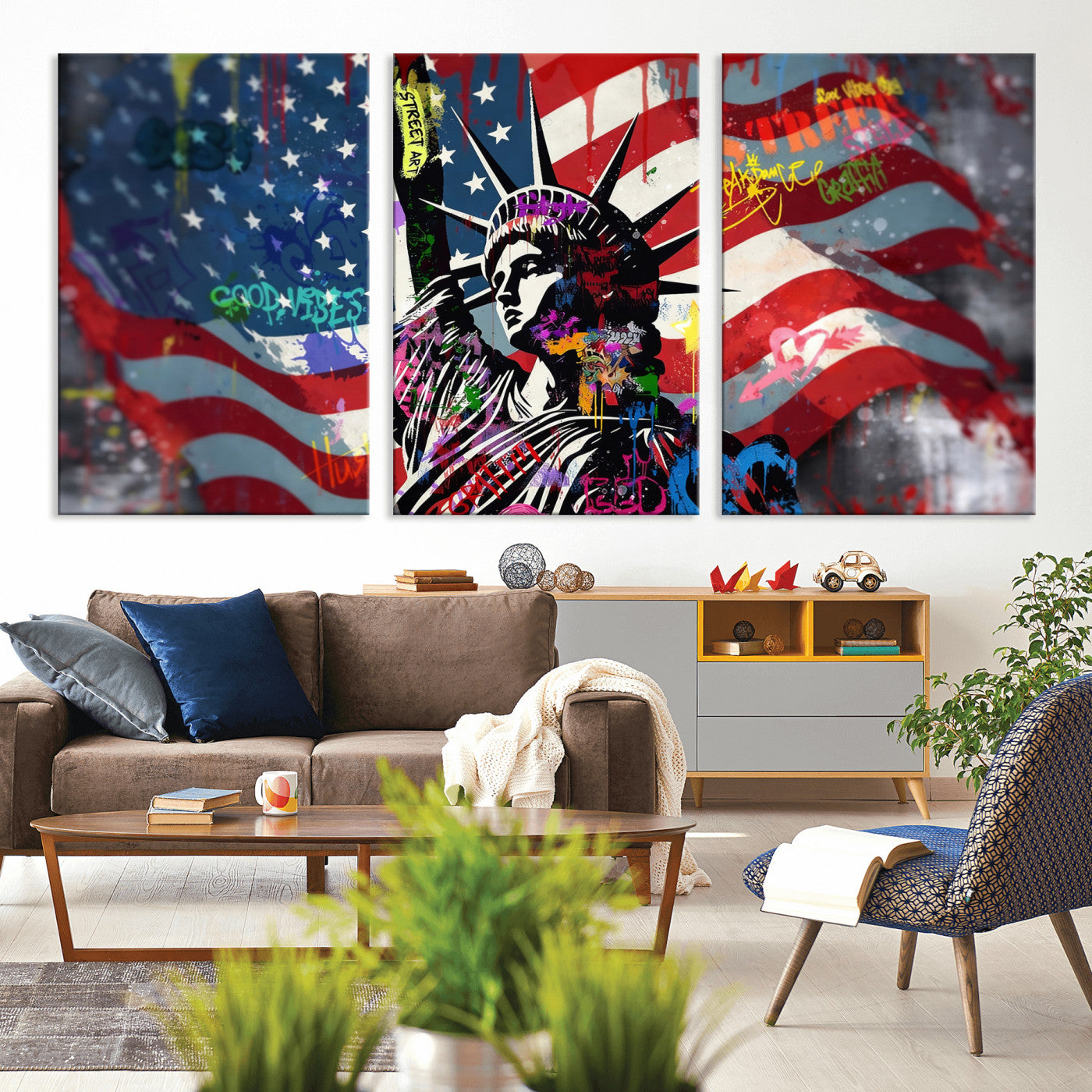 32151941-MGV-CV-36X24 - USA Statue of Liberty Graffiti Street Art Wall Art Canvas Print, American Flag Urban Pop Art Canvas Print, Modern Patriotic Street Art Contemporary Art Printing