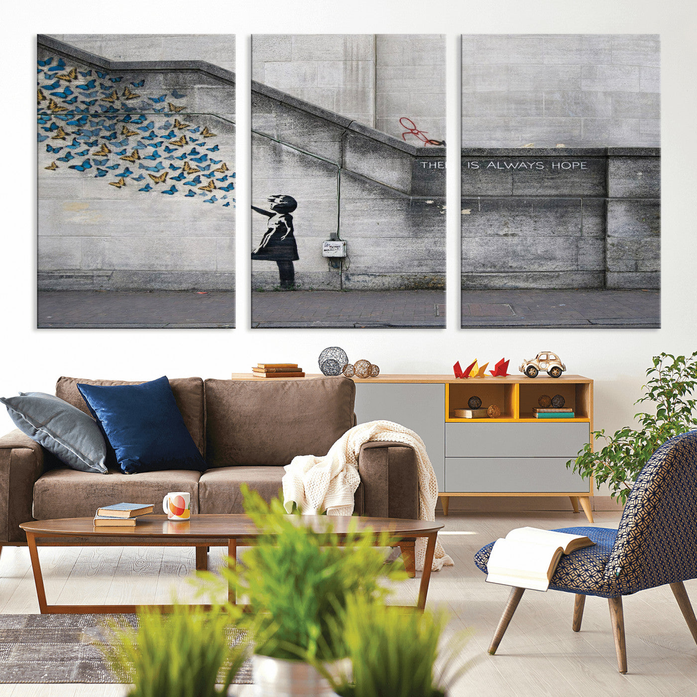 15274223-MGV-CV-36X24 - Banksy Girl with Butterflies Street Art Wall Art Canvas Print, Hope Graffiti Urban Art Canvas Print, Minimalist Inspirational Street Art Contemporary Art Printing