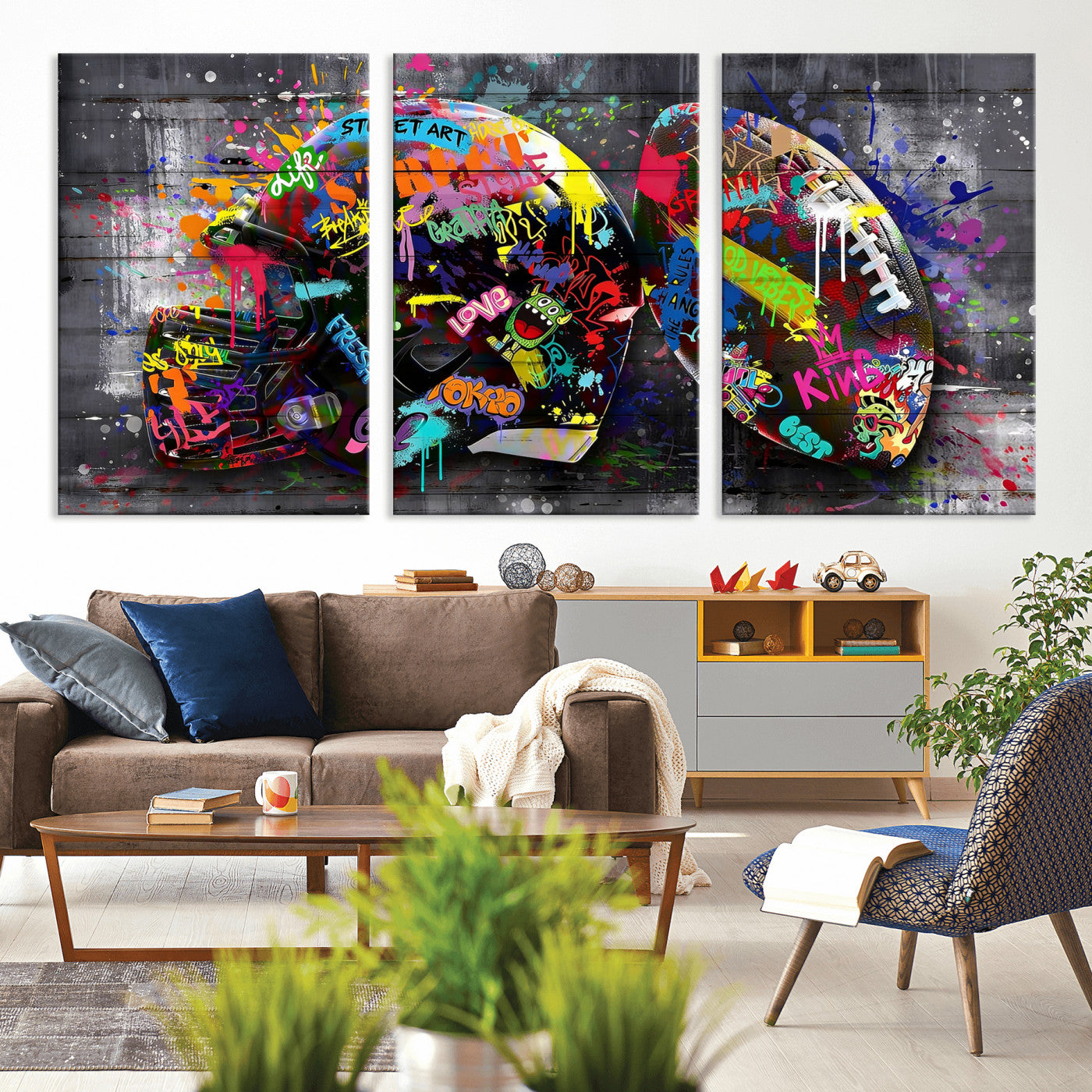 80540773-MGV-CV-36X24 - Graffiti American Football Helmet Street Art Wall Art Canvas Print, Urban Sports Pop Art Football Canvas Print, Colorful Graffiti Sports Contemporary Art Printing