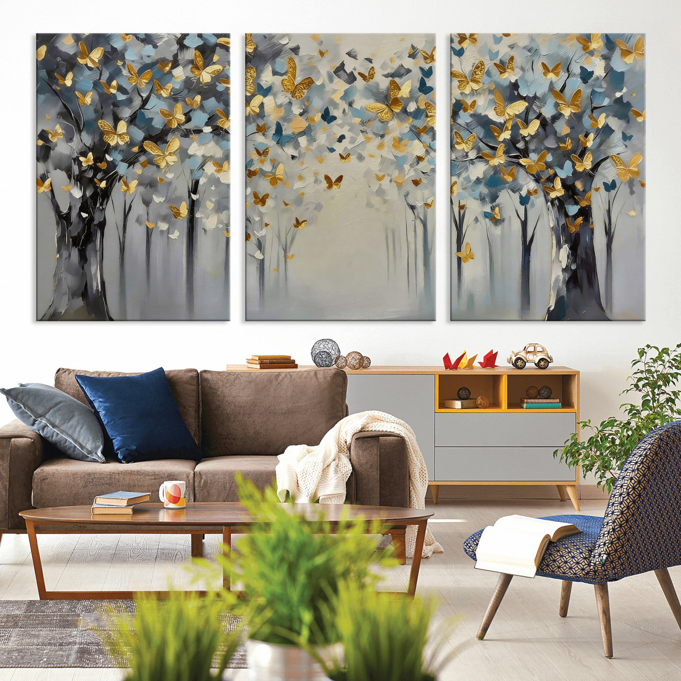 79208191-MGV-CV-36X24 - Golden Butterfly Tree Abstract Wall Art Canvas Print, Modern Elegant Nature Painting Canvas Print, Blue Gold Contemporary Floral Art Printing