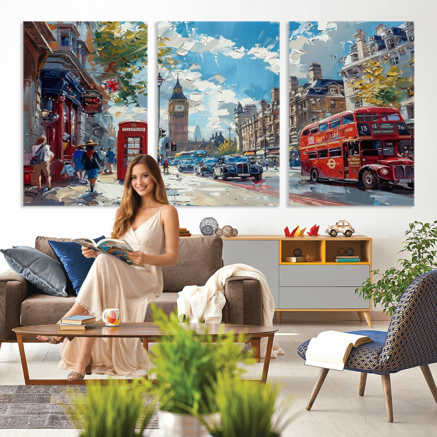 17630888-MGV-CV-36X24 - London Street Canvas Wall Art — Big Ben Red Bus Print | Oil Painting Style | UK City Wall Decor | Travel Art Gift | Living Room Print