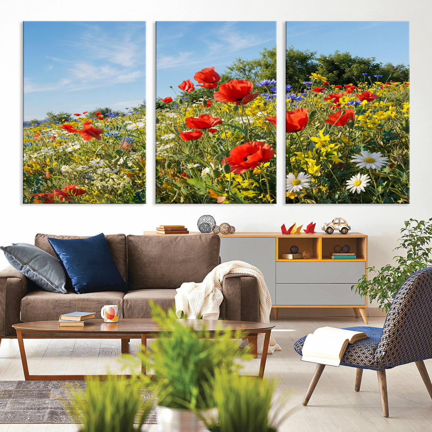 38570784-MGV-CV-36X24 - Wildflower Meadow Wall Art Canvas Print – Colorful Poppy and Daisy Field Landscape Artwork for Living Room Decor