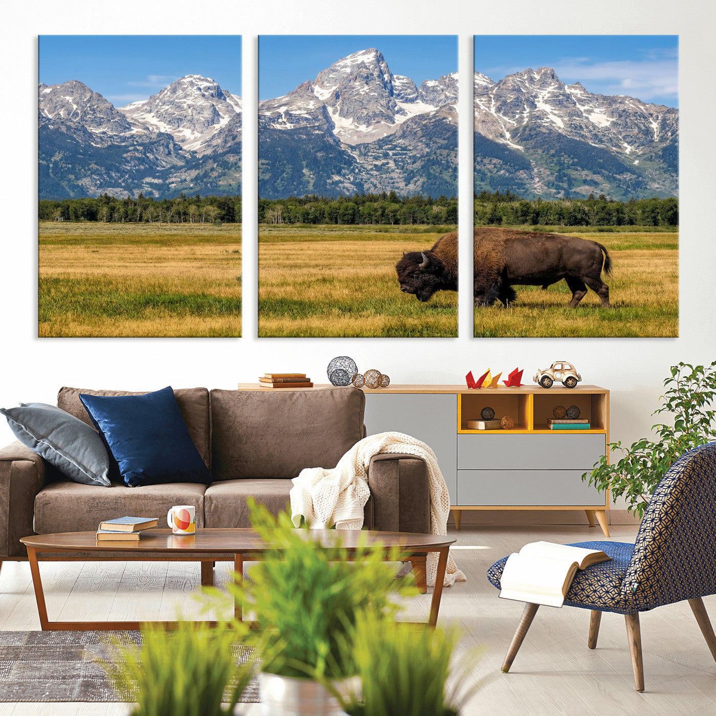 20424529-MGV-CV-36X24 - Bison in Mountain Landscape Wall Art Canvas Print – Western Wildlife Artwork for Rustic Living Room Decor