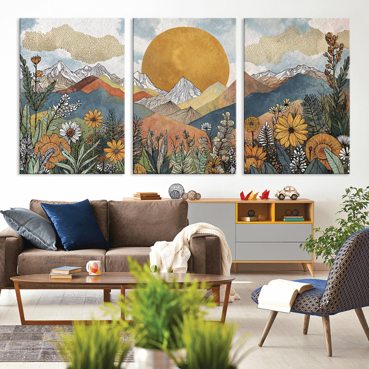 17540863-MGV-CV-36X24 - Boho Mountain Landscape Large Wall Art, Horizontal Gold Framed Canvas Print with Sun and Flowers